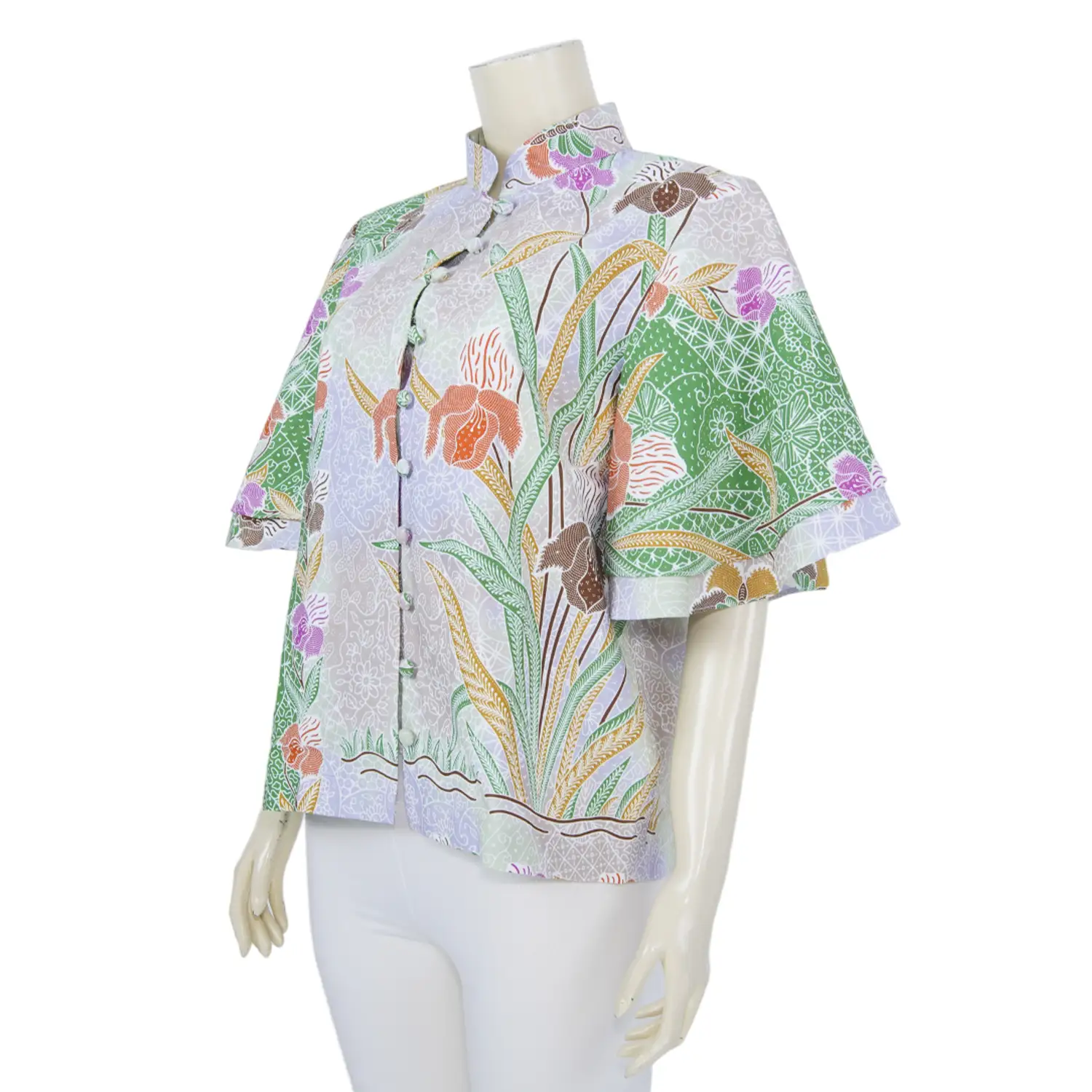 เสื้อคอตั้ง แขนสั้น ทรงแขนระบาย 2 ชั้น ผ้าปาเต๊ะลายดอกกล้วยไม้ - Image 2