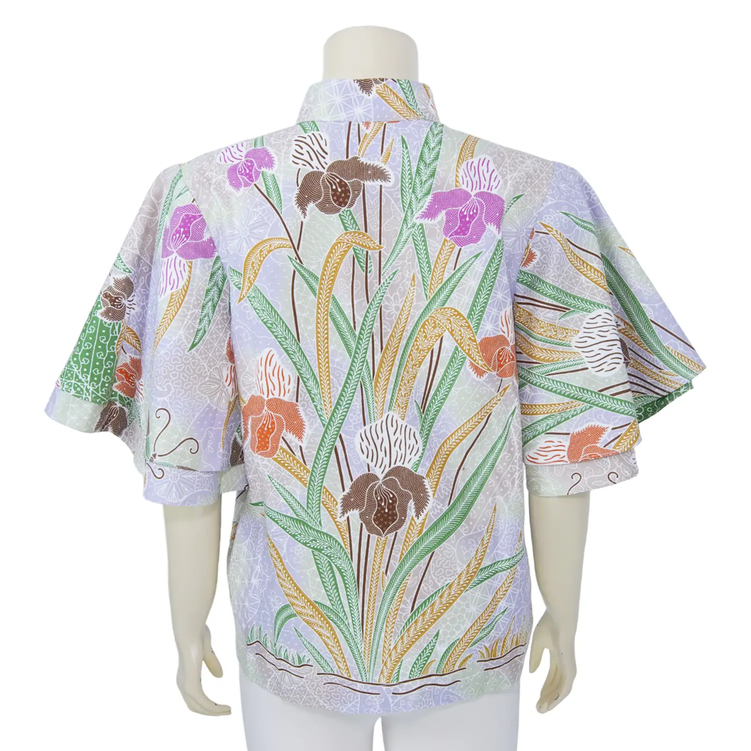 เสื้อคอตั้ง แขนสั้น ทรงแขนระบาย 2 ชั้น ผ้าปาเต๊ะลายดอกกล้วยไม้ - Image 3