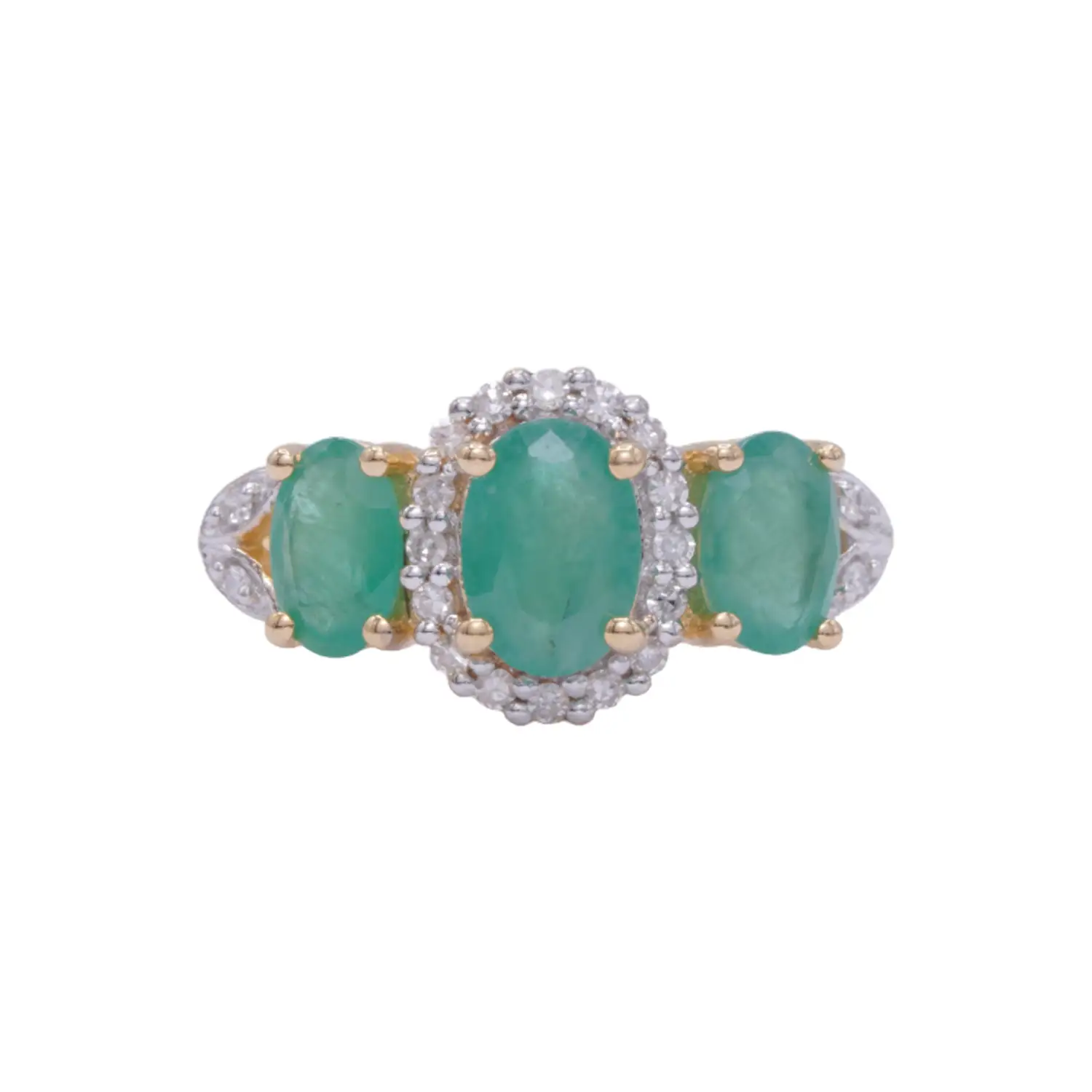 แหวนเงิน925 ชุบทอง10K ประดับมรกตและเพชรสีขาวดีไซน์ Trilogy Ring