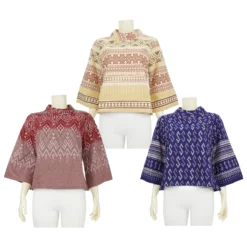 เซตเสื้อคอตั้ง แขนบาน 4 ส่วน ผ้าฝ้ายลายไทย 3 ตัว (สีชมพู, สีกรมท่า, และสีครีม)