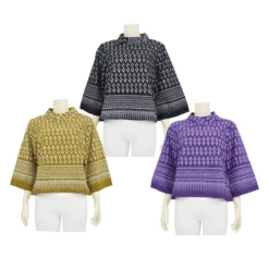 เซตเสื้อคอตั้ง แขนบาน 4 ส่วน ผ้าฝ้ายลายไทย 3 ตัว (สีดำ, สีม่วง,  และสีเขียวไพร)