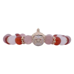 สร้อยข้อมือคาร์เนเลียน, มูนสโตน และสตรอว์เบอร์รี ควอตซ์ พร้อมส่วนตกแต่งท้าวเวสสุวรรณ เงิน925 ชุบทอง18K ประดับเซอร์คอนสีขาว