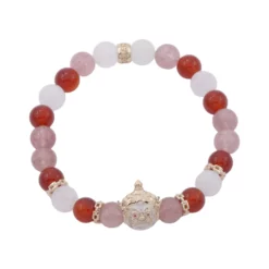 สร้อยข้อมือคาร์เนเลียน, มูนสโตน และสตรอว์เบอร์รี ควอตซ์ พร้อมส่วนตกแต่งท้าวเวสสุวรรณ เงิน925 ชุบทอง18K ประดับเซอร์คอนสีขาว - Image 4