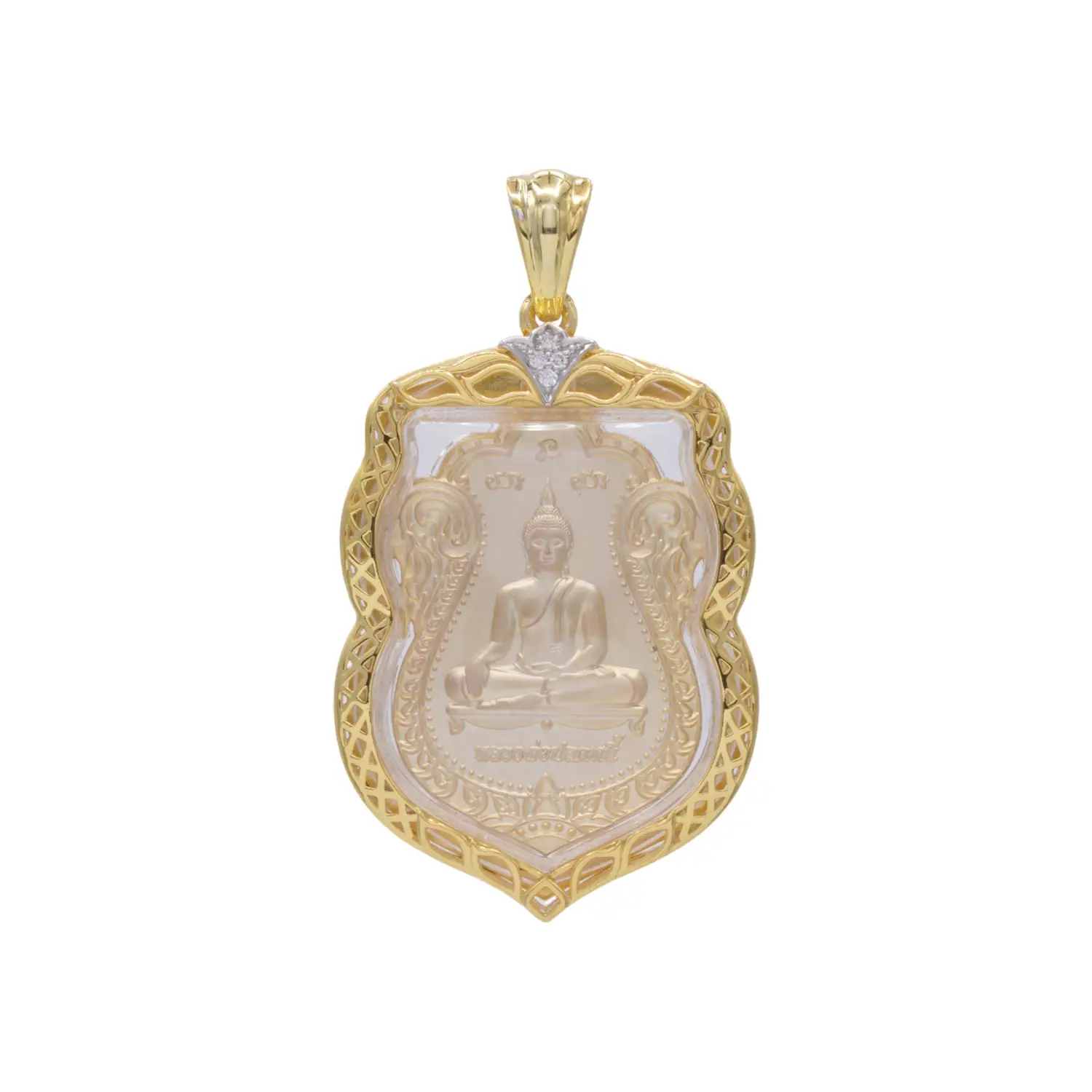 จี้เหรียญเสมา รุ่นปลดหนี้ เงินไหลมา ปี 2565 วัดพระธาตุวาโย จ.ฉะเชิงเทรา เนื้อทองทิพย์ กรอบเงิน925 ชุบทอง18K ประดับเพชร