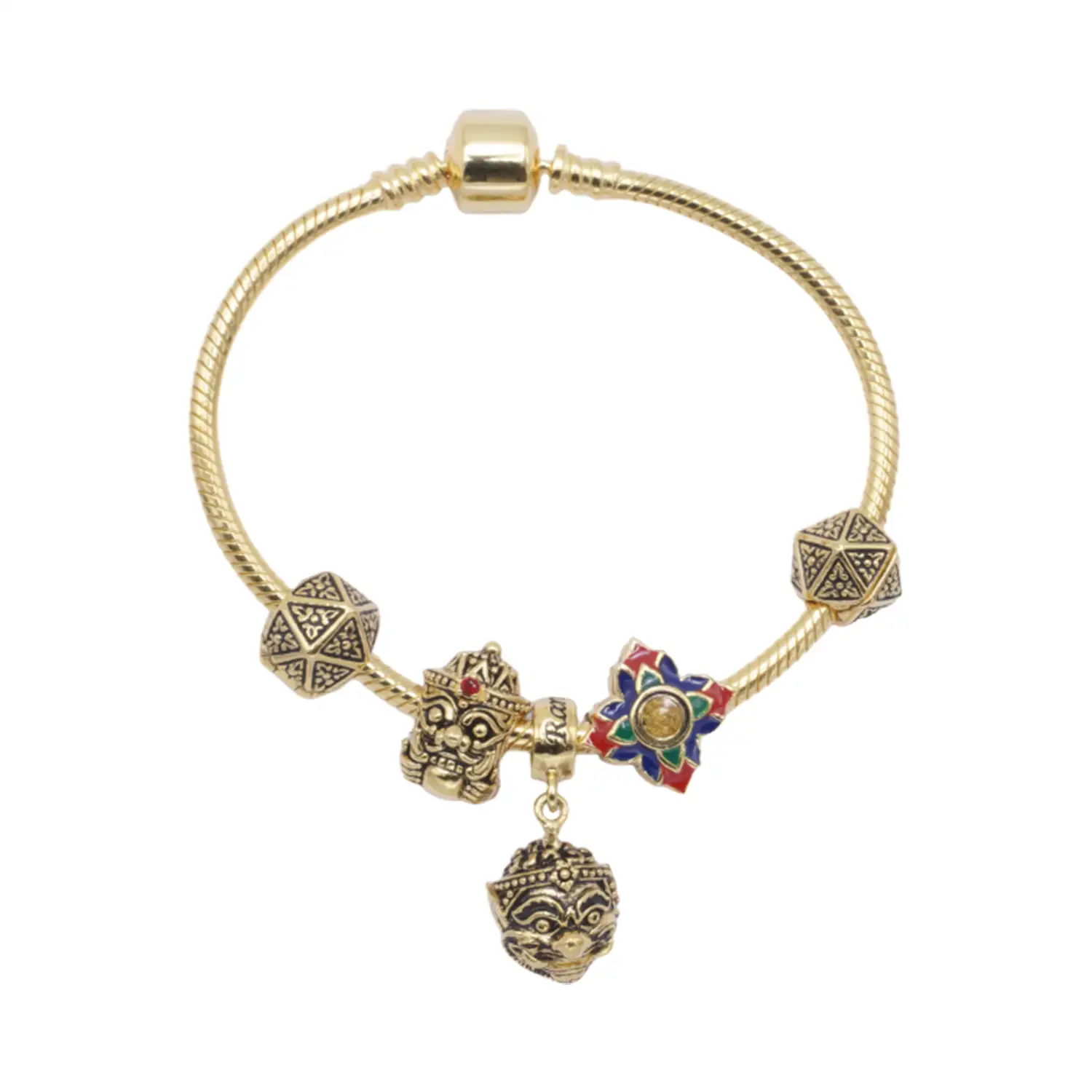สร้อยข้อมือเงิน925 ชุบทอง18K ตกแต่งจี้ท้าวเวสสุวรรณ, ราหูอมจันทร์และดอกบัว