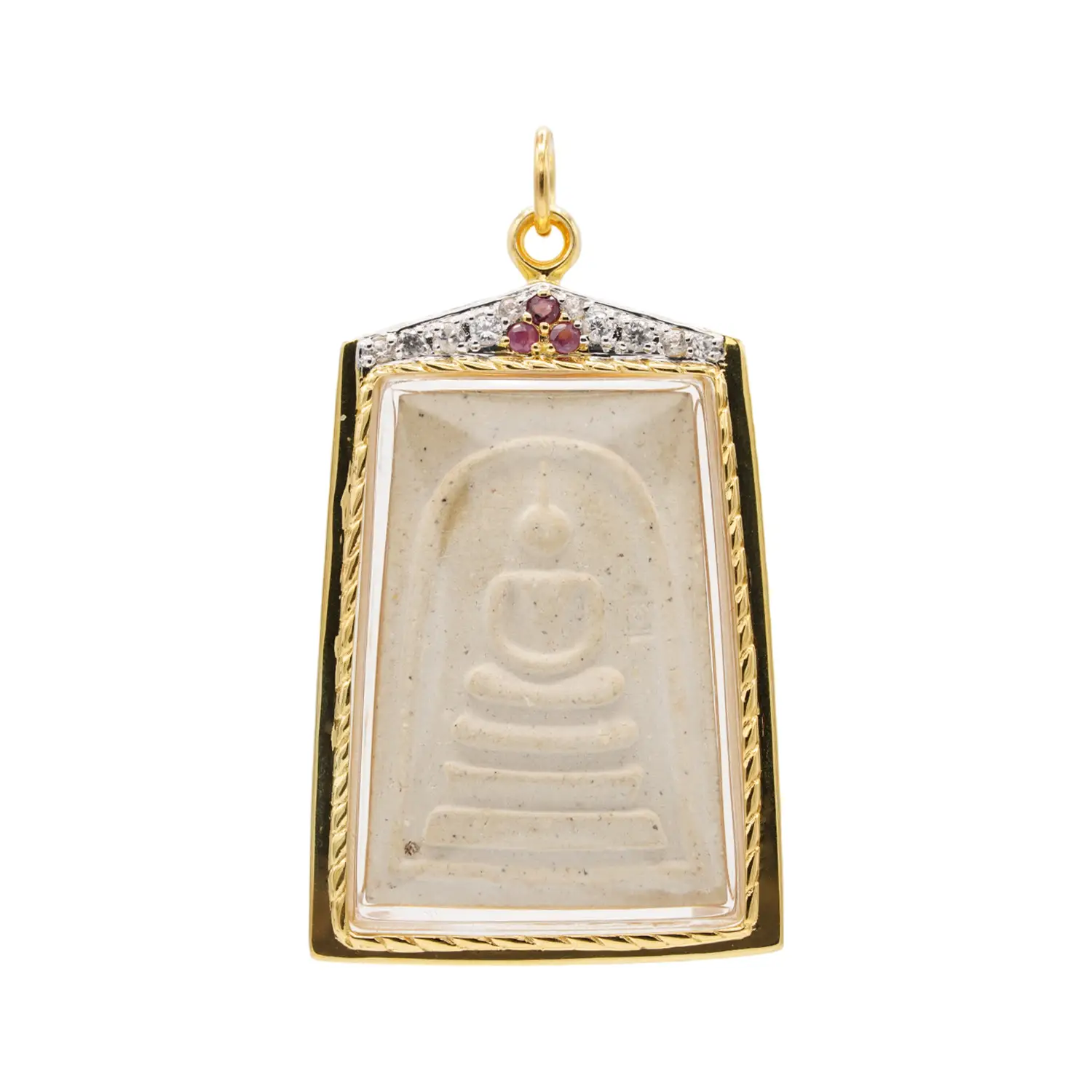 จี้พระสมเด็จเนื้อผง วัดระฆัง ปี2552 รุ่น มี เฮง รวย กรอบเงิน925 ชุบทอง18K ประดับทับทิมและเซอร์คอนสีขาว