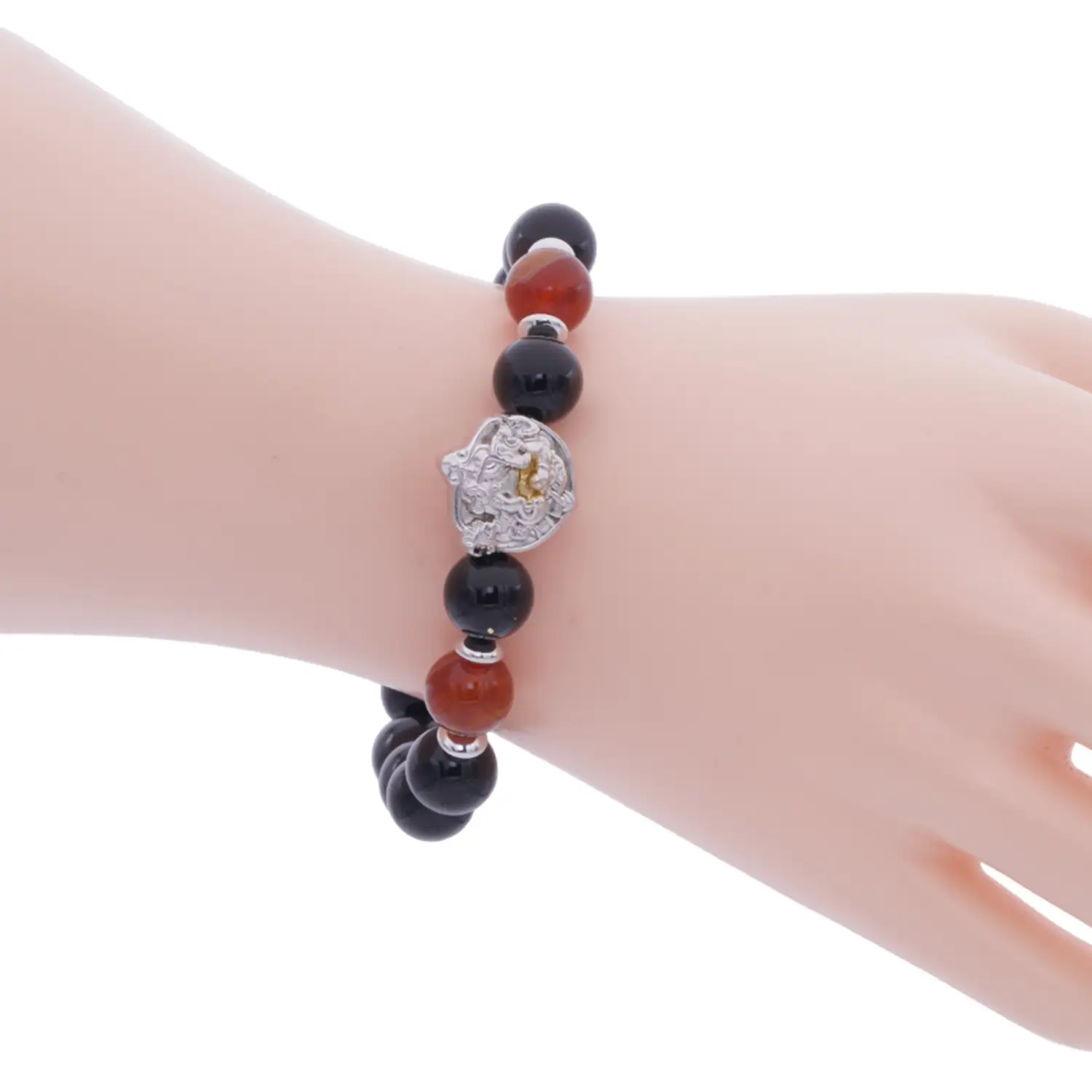 สร้อยข้อมือออบซิเดียน ประดับอัญมณี พร้อมชาร์ม พระพิฆเนศปางรีนาโมจัน คณปติ และส่วนตกแต่งเงิน925 - Image 4