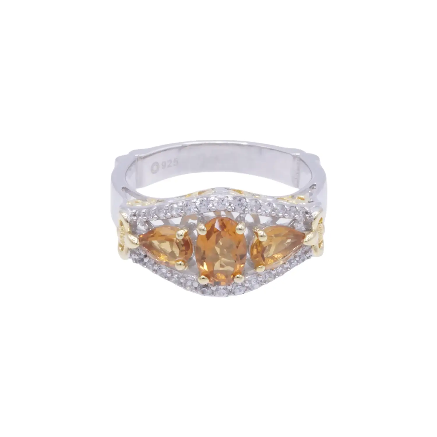 แหวนเงิน925 ชุบแต่งทอง14K ประดับมาเดรา ซิทริน และเซอร์คอนสีขาว