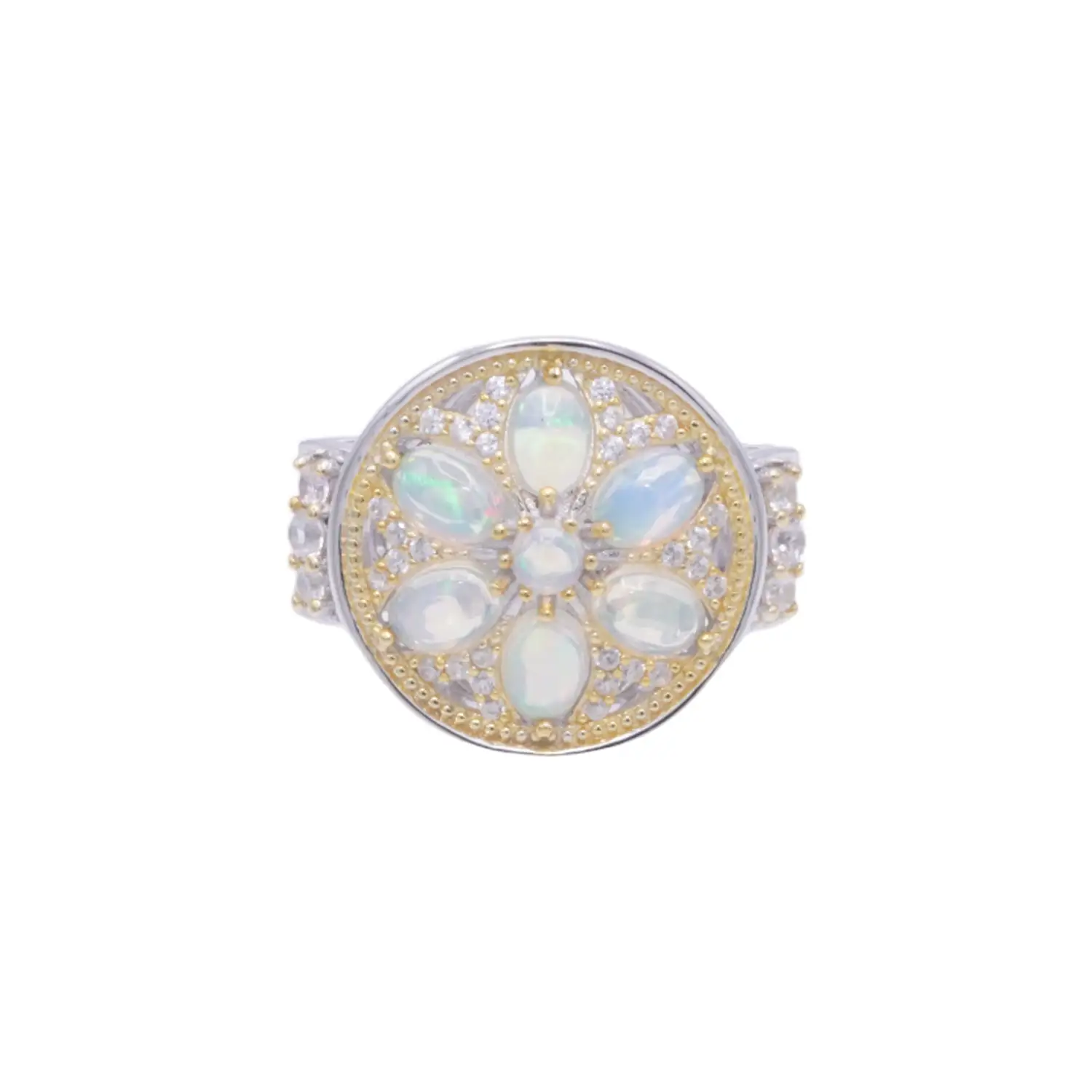 แหวนเงิน925 ชุบแต่งทอง14K ประดับเอธิโอเปียน โอปอ และเซอร์คอนสีขาว