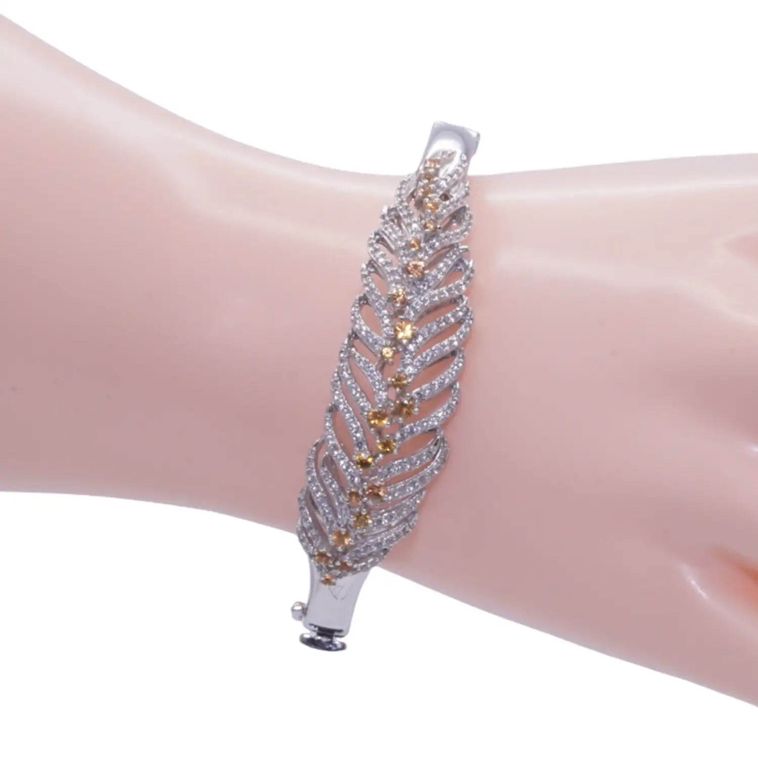 กำไลข้อมือเงิน925 ประดับแซปไฟร์สีส้ม และเซอร์คอนสีขาว - Image 2