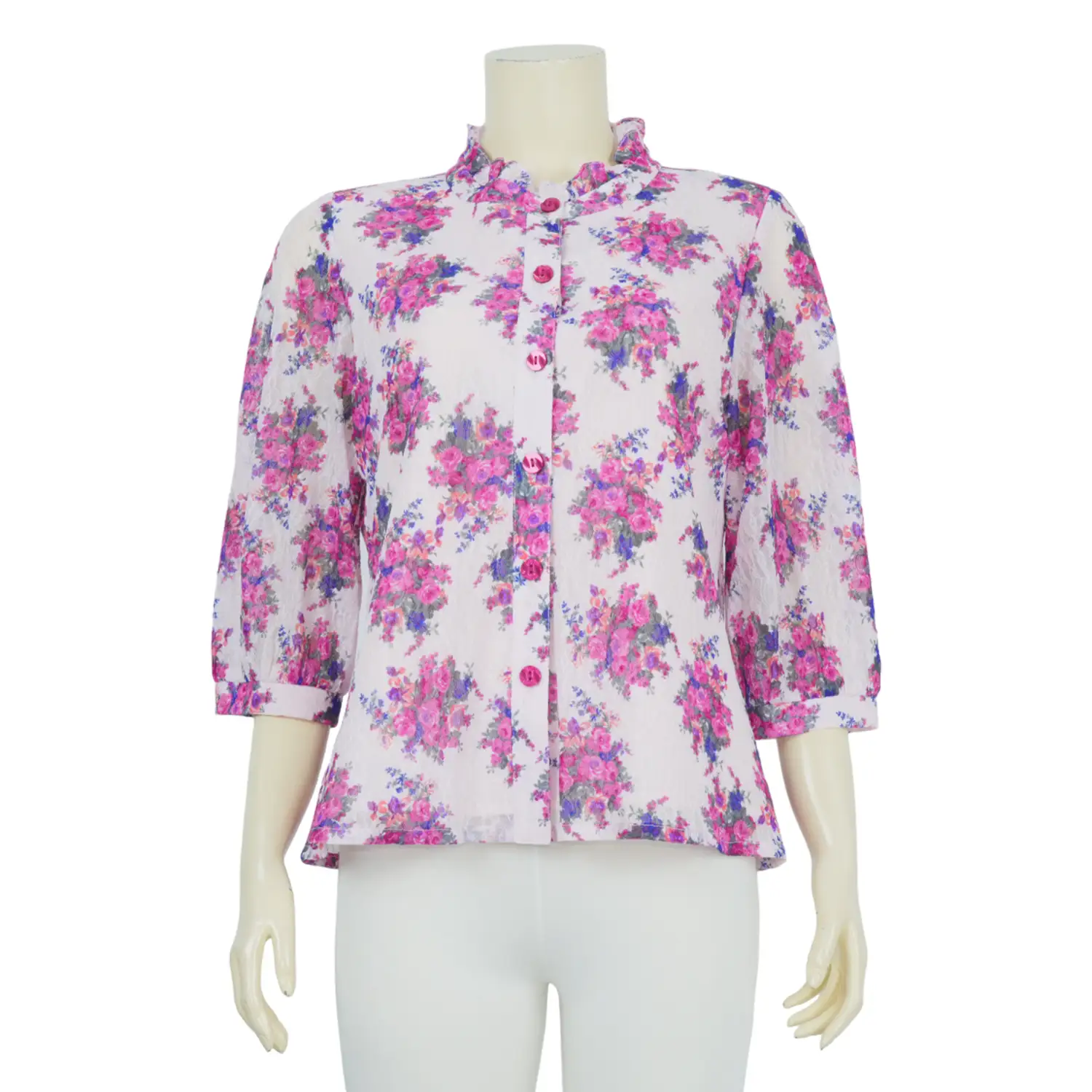 เสื้อคอตั้ง เสริมระบายรัฟเฟิล แขนพอง 3 ส่วน ผ้าลูกไม้ราเชล - Image 3