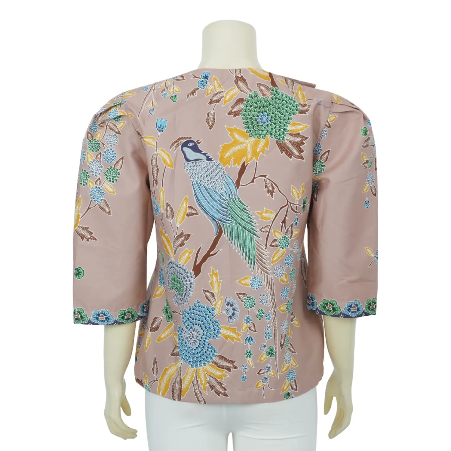 เสื้อคอวี แต่งคอปกกล้วย แขน 3 ส่วน ผ้าปาเต๊ะ ลายดอกไม้และนก - Image 2