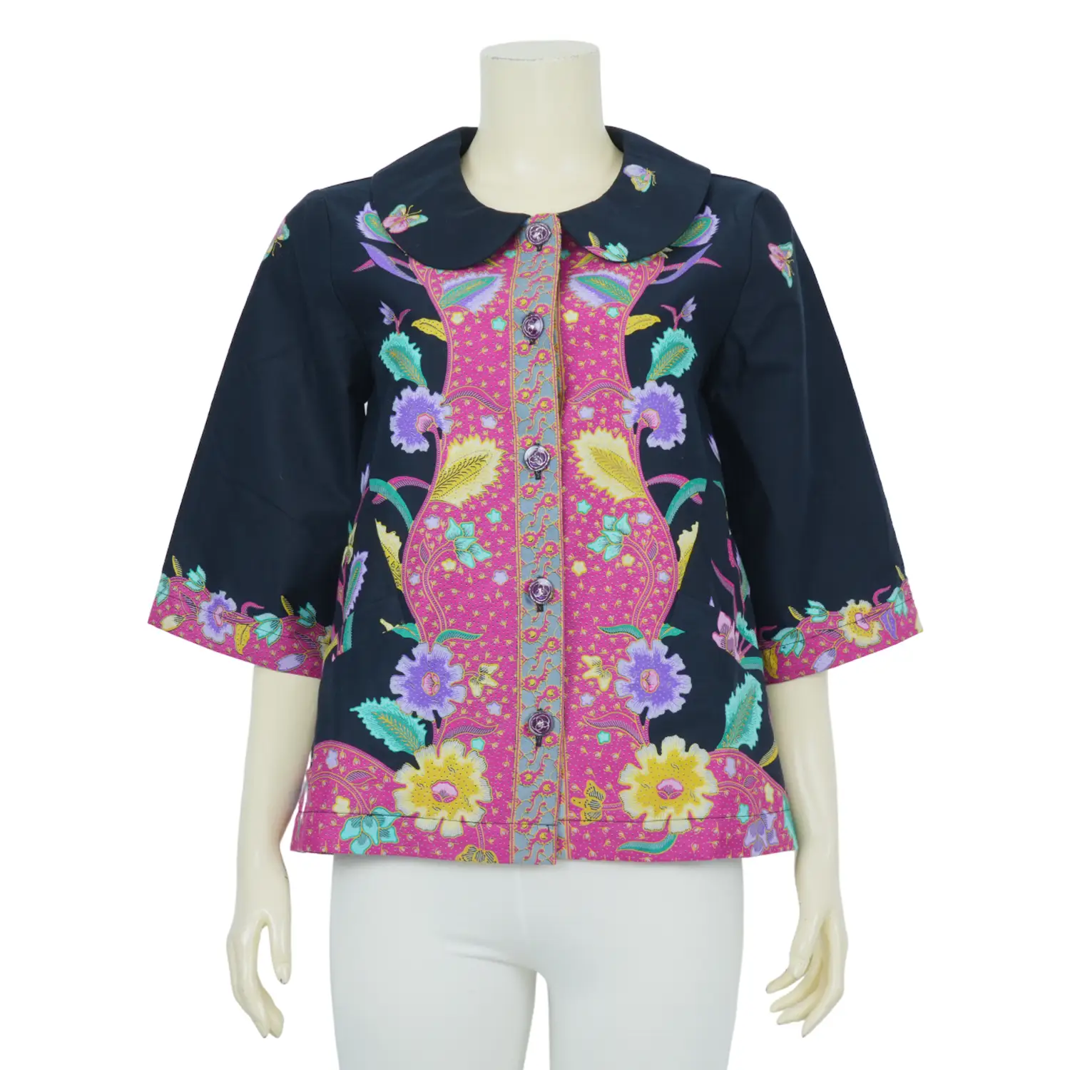 เสื้อแจ็กเกตคอบัว แขน 3 ส่วน ผ้าปาเต๊ะลาย Botanical