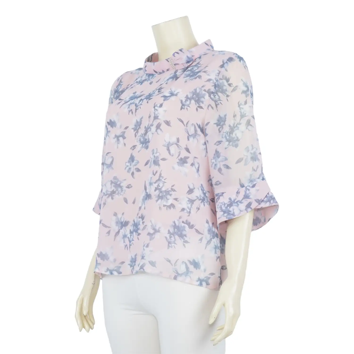 เสื้อคอกลมแต่งโบว์และคริสตัล แขนกระบอกปลายบาน ผ้าลายดอกไม้ - Image 2