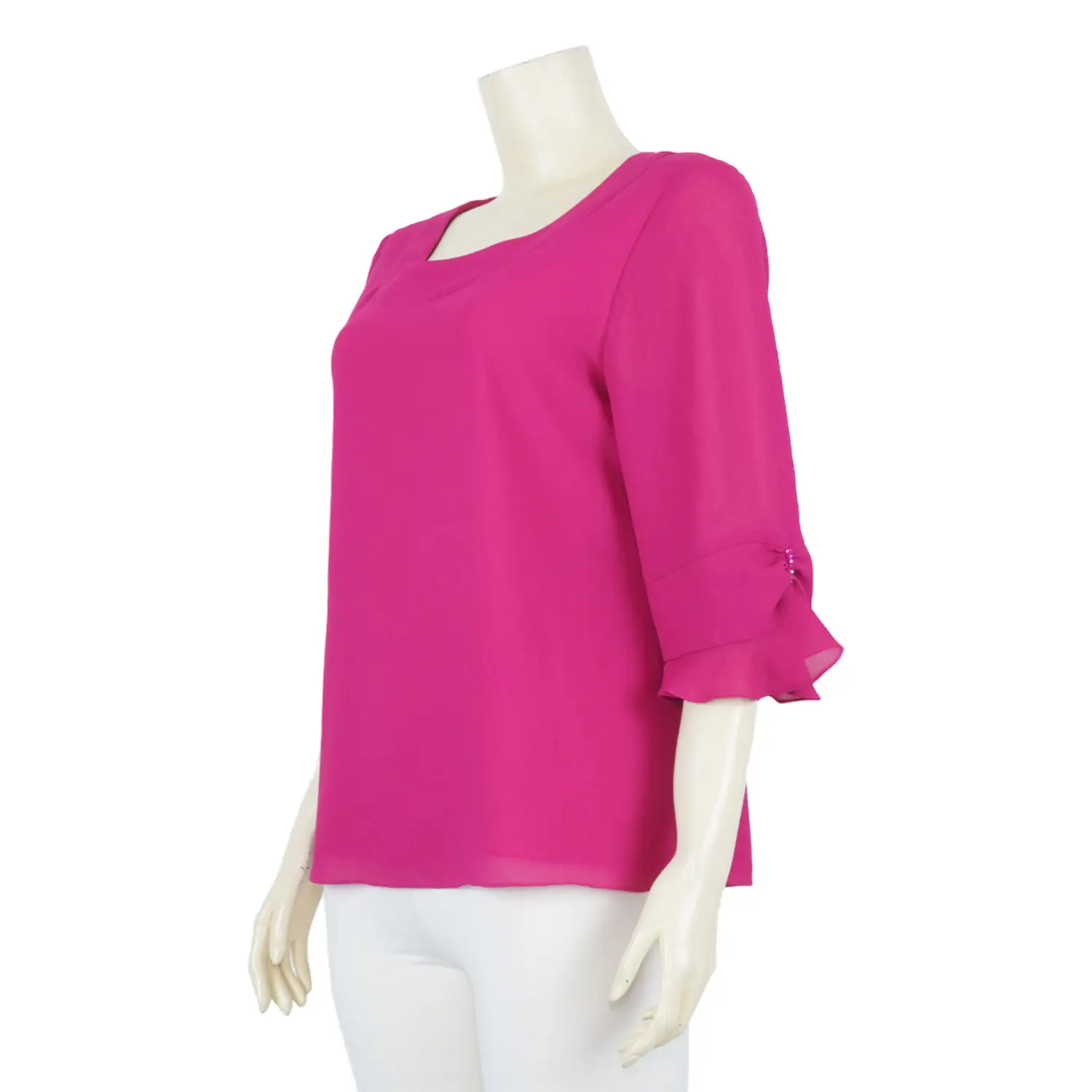 เสื้อคอกลม แขนกระบอก 3 ส่วน ปลายแขนรูดระบาย ผ้าชีฟองเมทัลลิคสีบานเย็นMIKIKO - Image 2