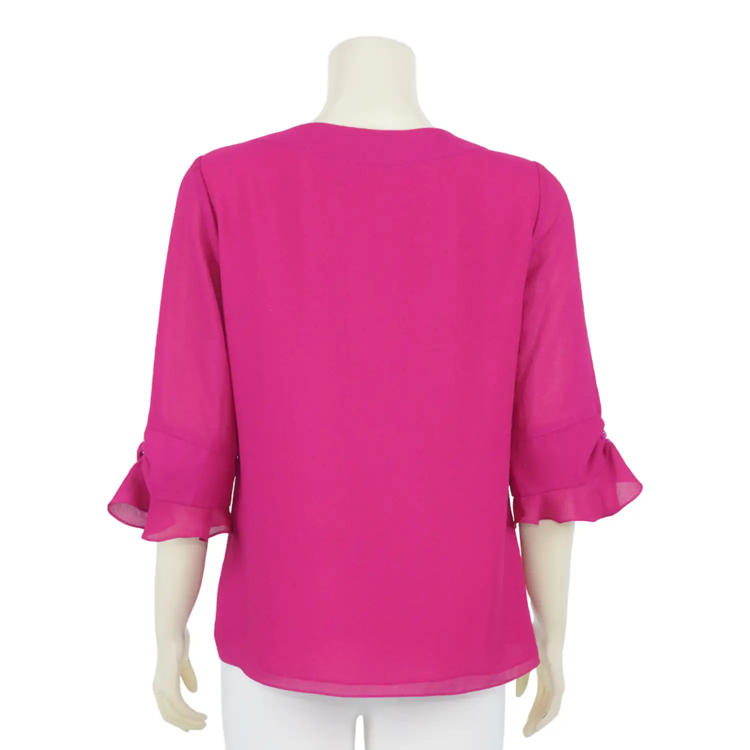 เสื้อคอกลม แขนกระบอก 3 ส่วน ปลายแขนรูดระบาย ผ้าชีฟองเมทัลลิคสีบานเย็นMIKIKO - Image 3