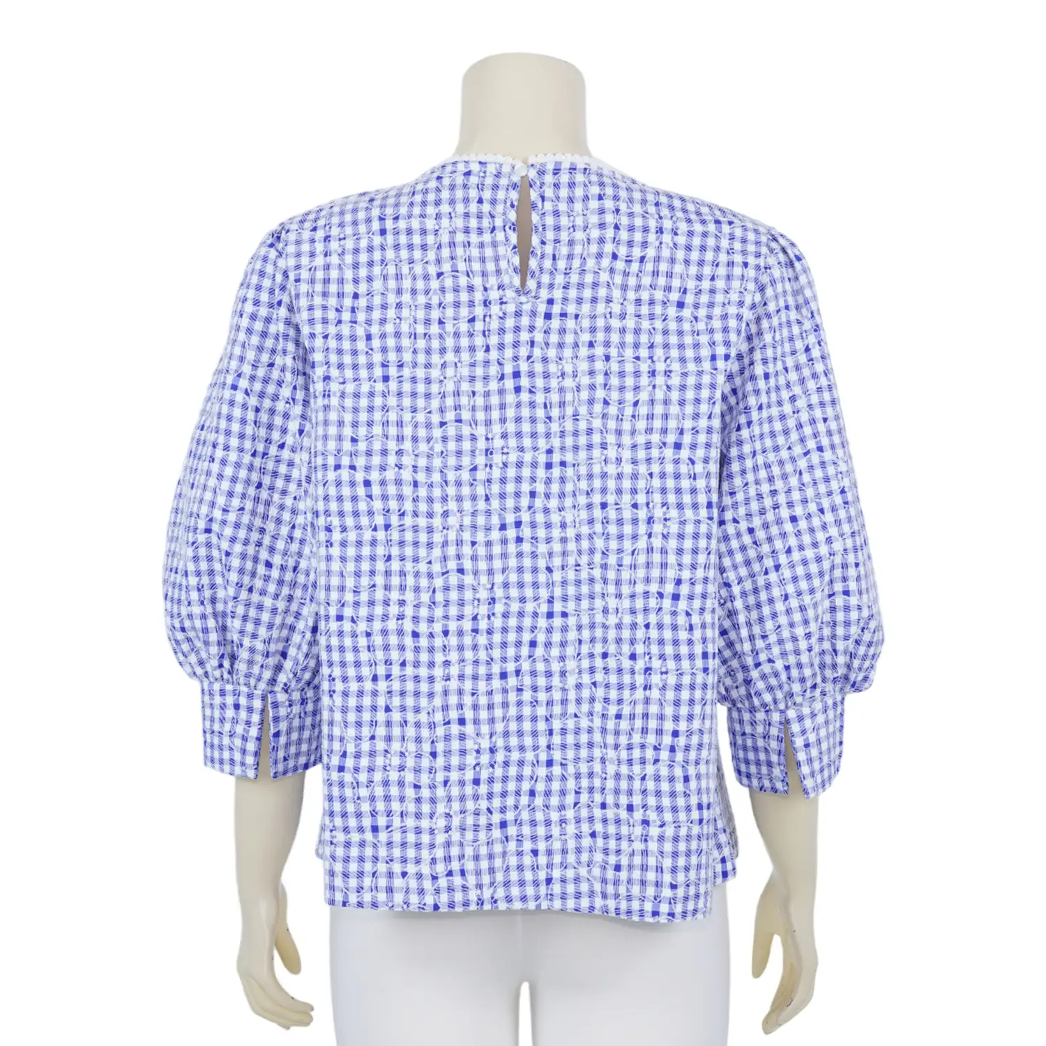 เสื้อคอกลม แขนพอง 4 ส่วน ผ้าลายตาราง ปักลายดอกไม้ - Image 3
