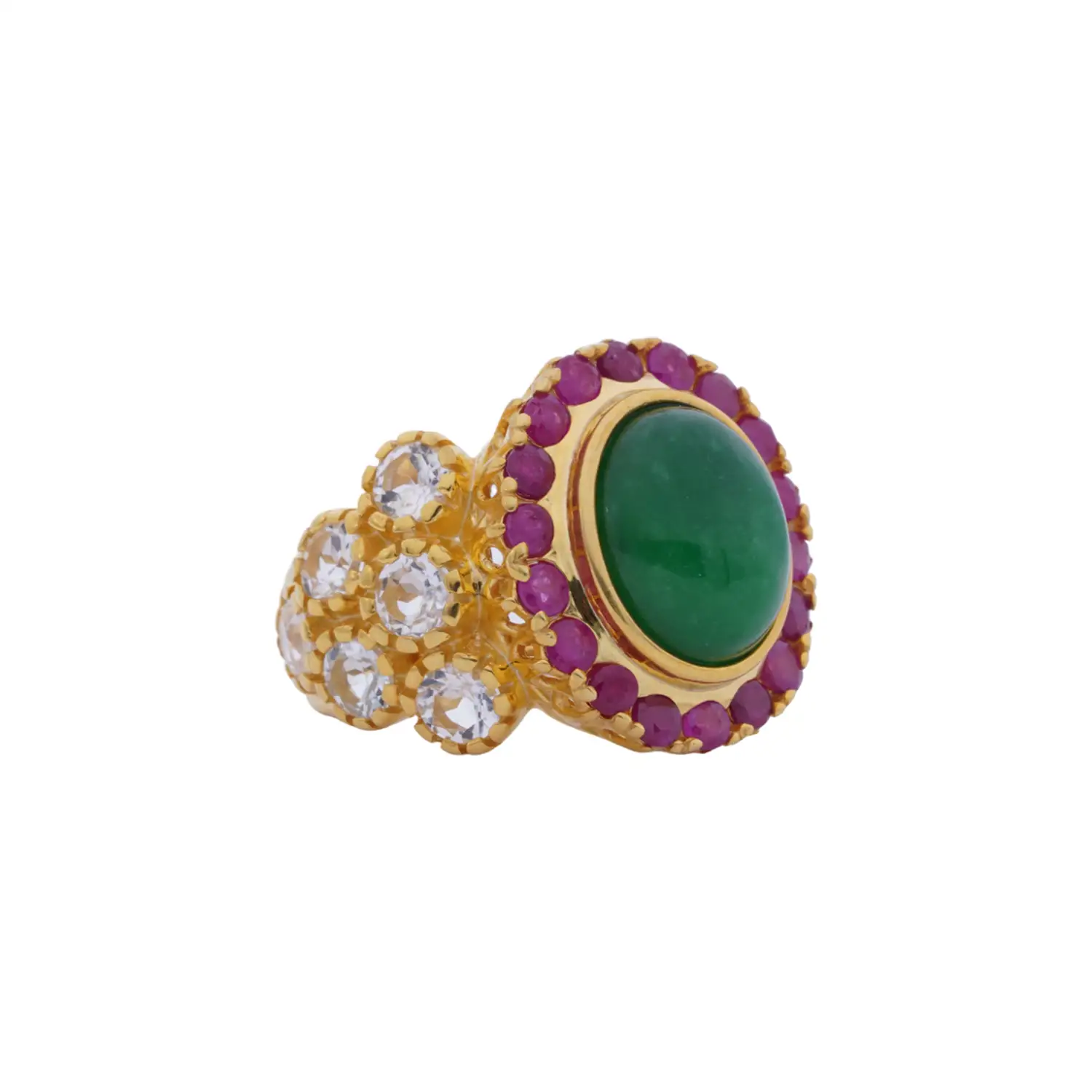 แหวนเงิน925 ชุบทอง14K ประดับหยก, ทับทิม และโทแพซสีขาว - Image 2