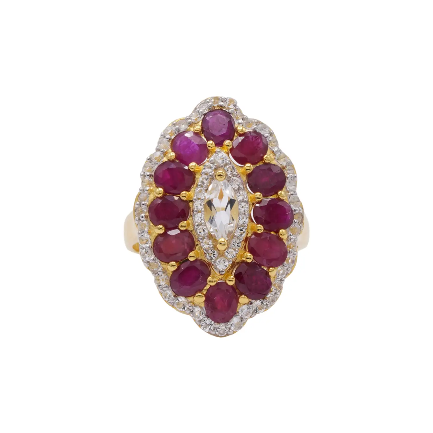 แหวนเงิน925 ชุบทอง18K ประดับทับทิม และเซอร์คอนสีขาว