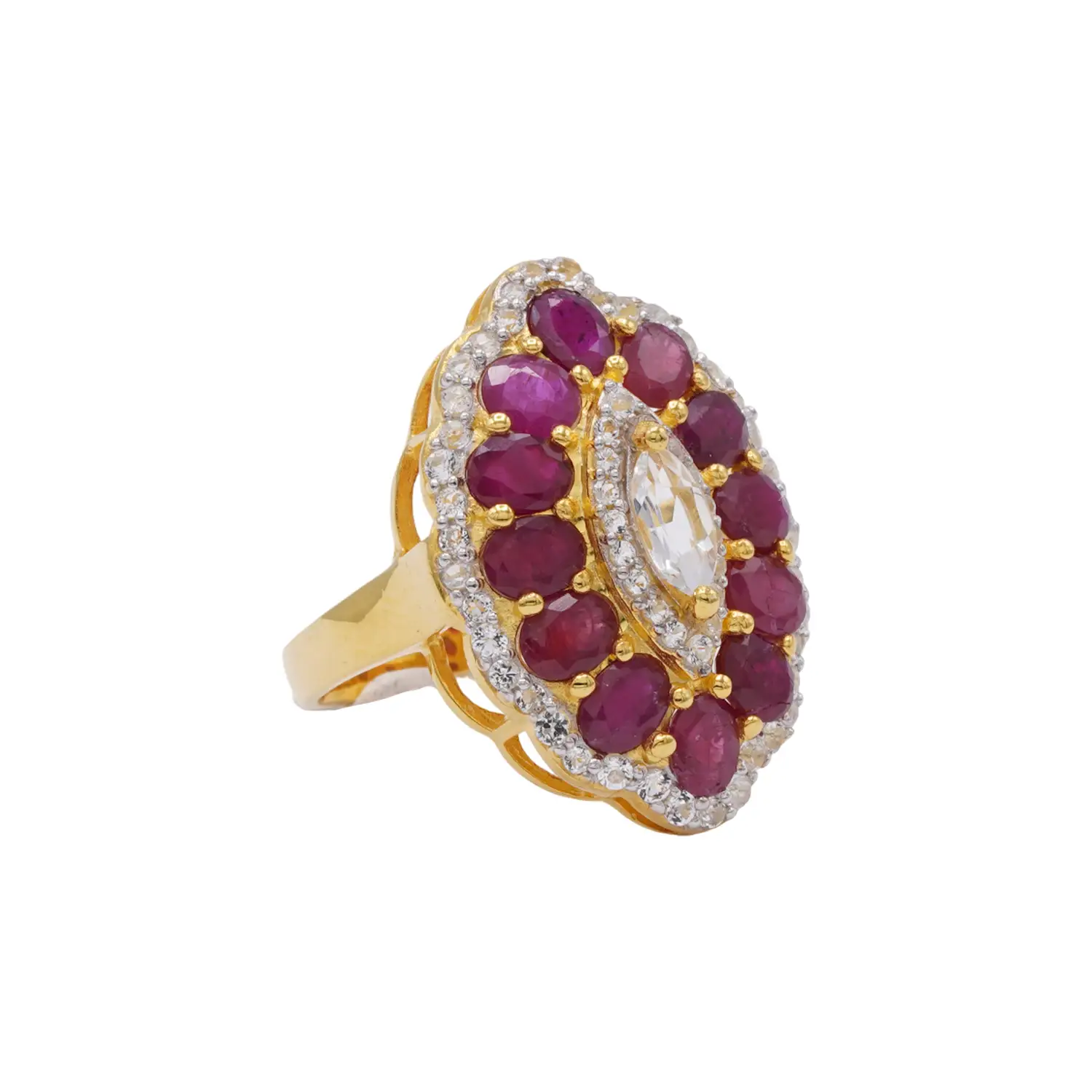 แหวนเงิน925 ชุบทอง18K ประดับทับทิม และเซอร์คอนสีขาว - Image 2