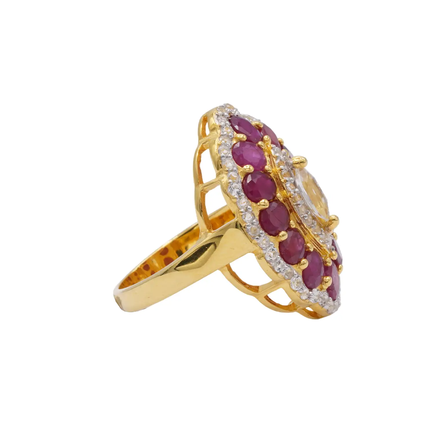 แหวนเงิน925 ชุบทอง18K ประดับทับทิม และเซอร์คอนสีขาว - Image 3