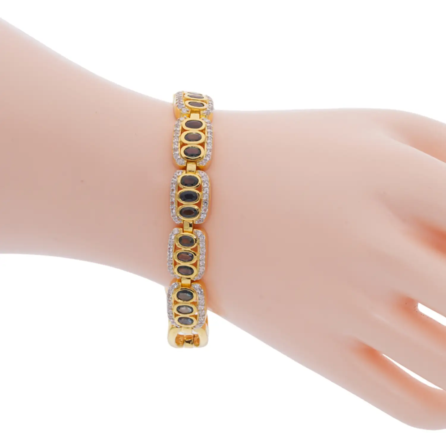 สร้อยข้อมือเงิน925 ชุบทอง18K ประดับเขียวส่องทรงรี และเซอร์คอนสีขาว - Image 2