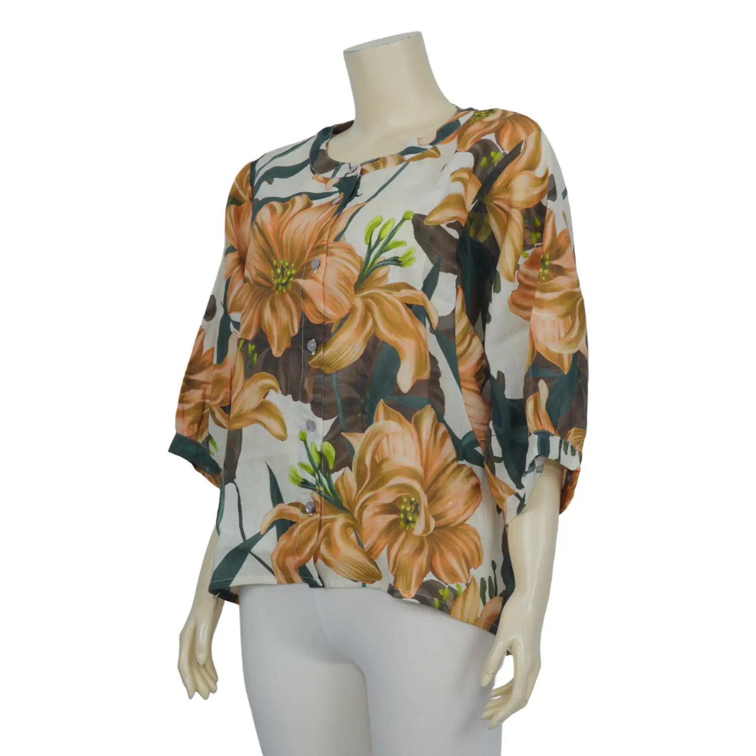เสื้อคอจีน แขนบอลลูน ลายดอกลิลลี่โทนสีส้ม - Image 3