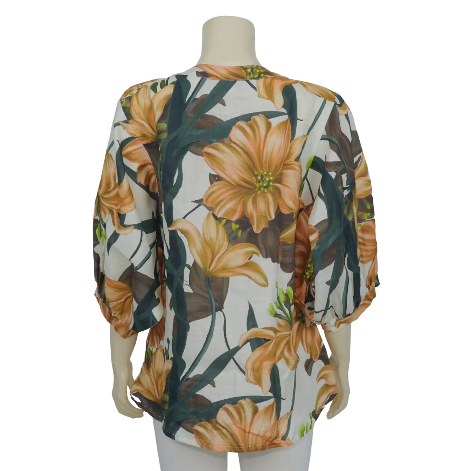 เสื้อคอจีน แขนบอลลูน ลายดอกลิลลี่โทนสีส้ม - Image 2