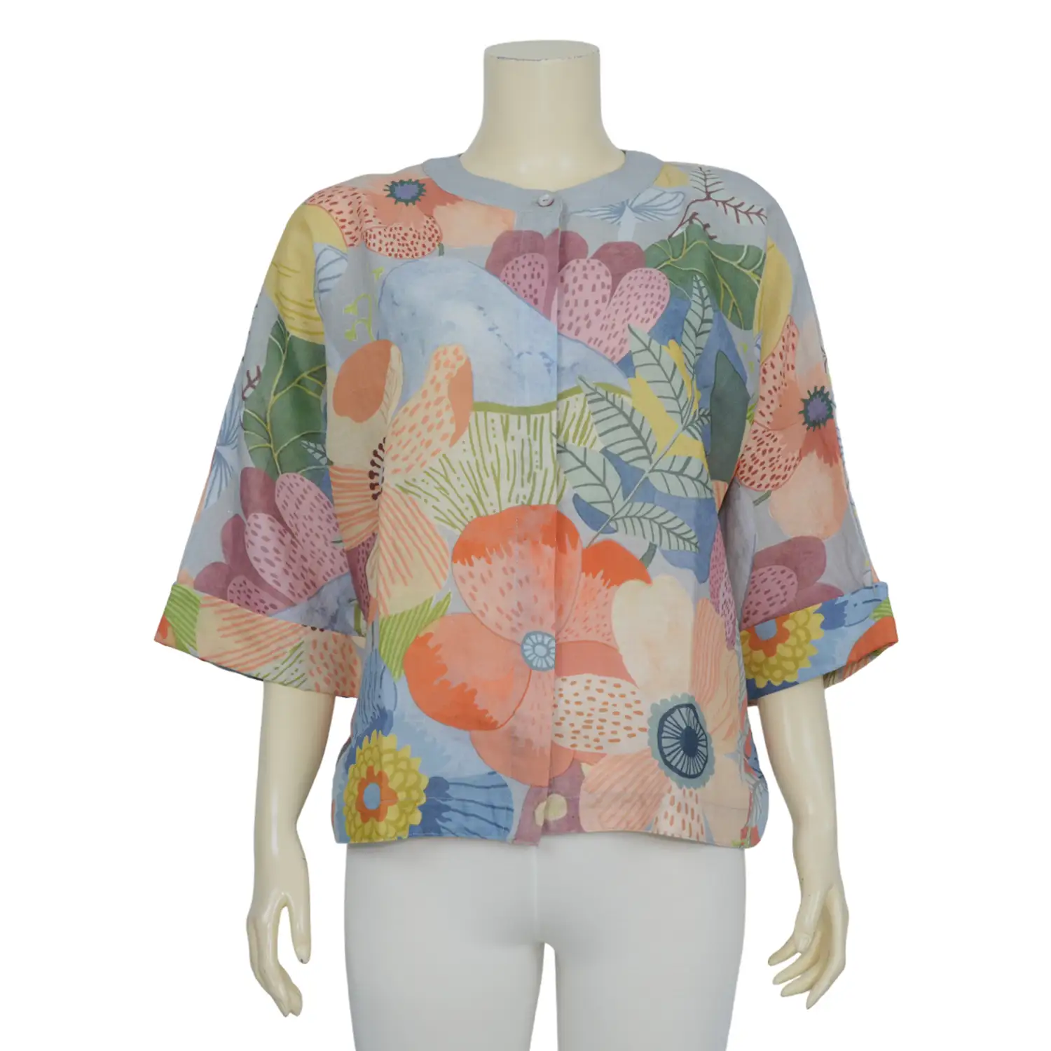 เสื้อคอจีน แขน 4 ส่วน ผ้าลินินลายดอกไม้ โทนสีน้ำ