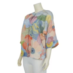 เสื้อคอจีน แขน 4 ส่วน ผ้าลินินลายดอกไม้ โทนสีน้ำ - Image 2