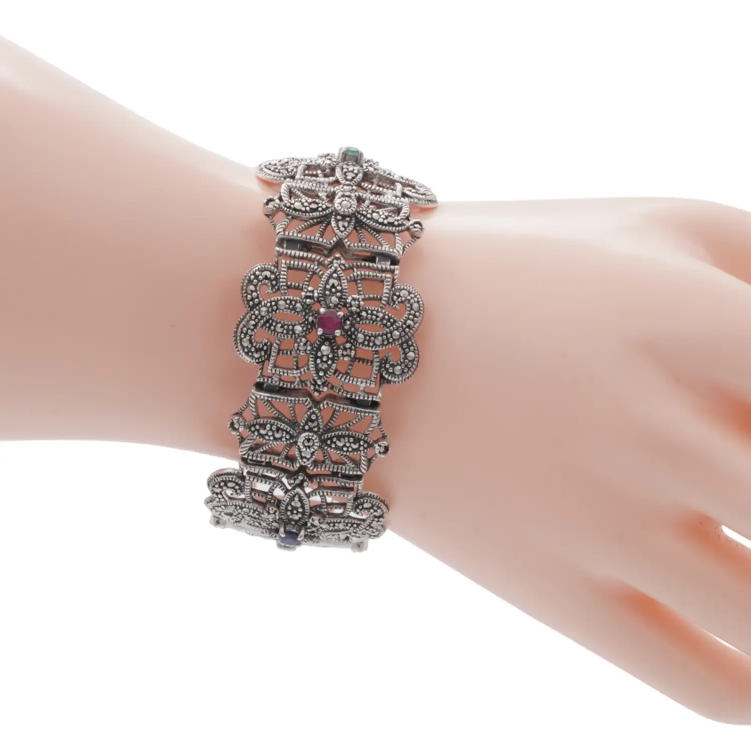 สร้อยข้อมือเงิน925 ประดับทับทิม ไพลิน มรกต และมาร์คาไซต์ ดีไซน์สลับลาย - Image 2
