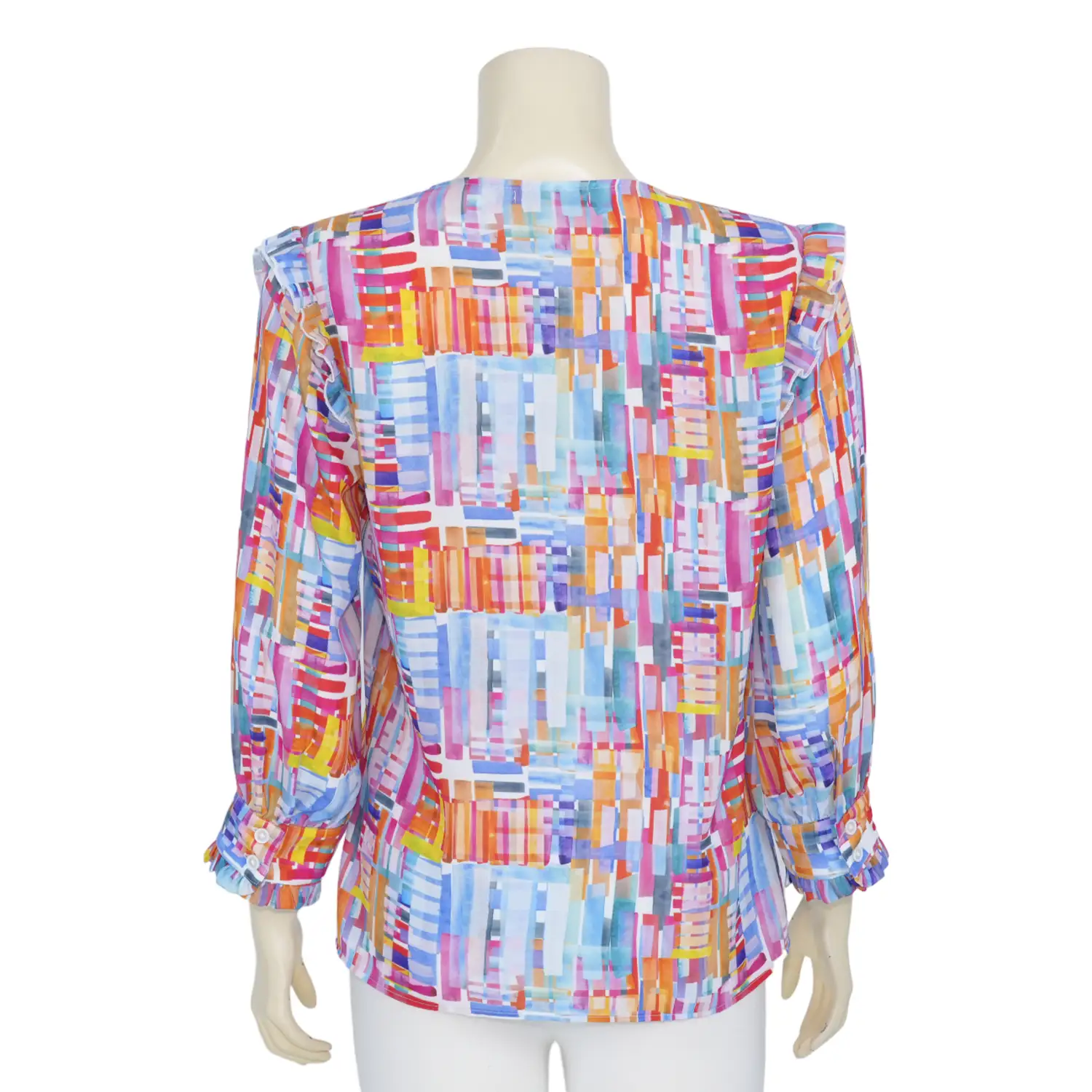 เสื้อคอกลม ดีไซน์ผ่าคอรูปตัววีแต่งระบาย แขนยาว 3 ส่วน พิมพ์ลายเส้นหลากสี - Image 3