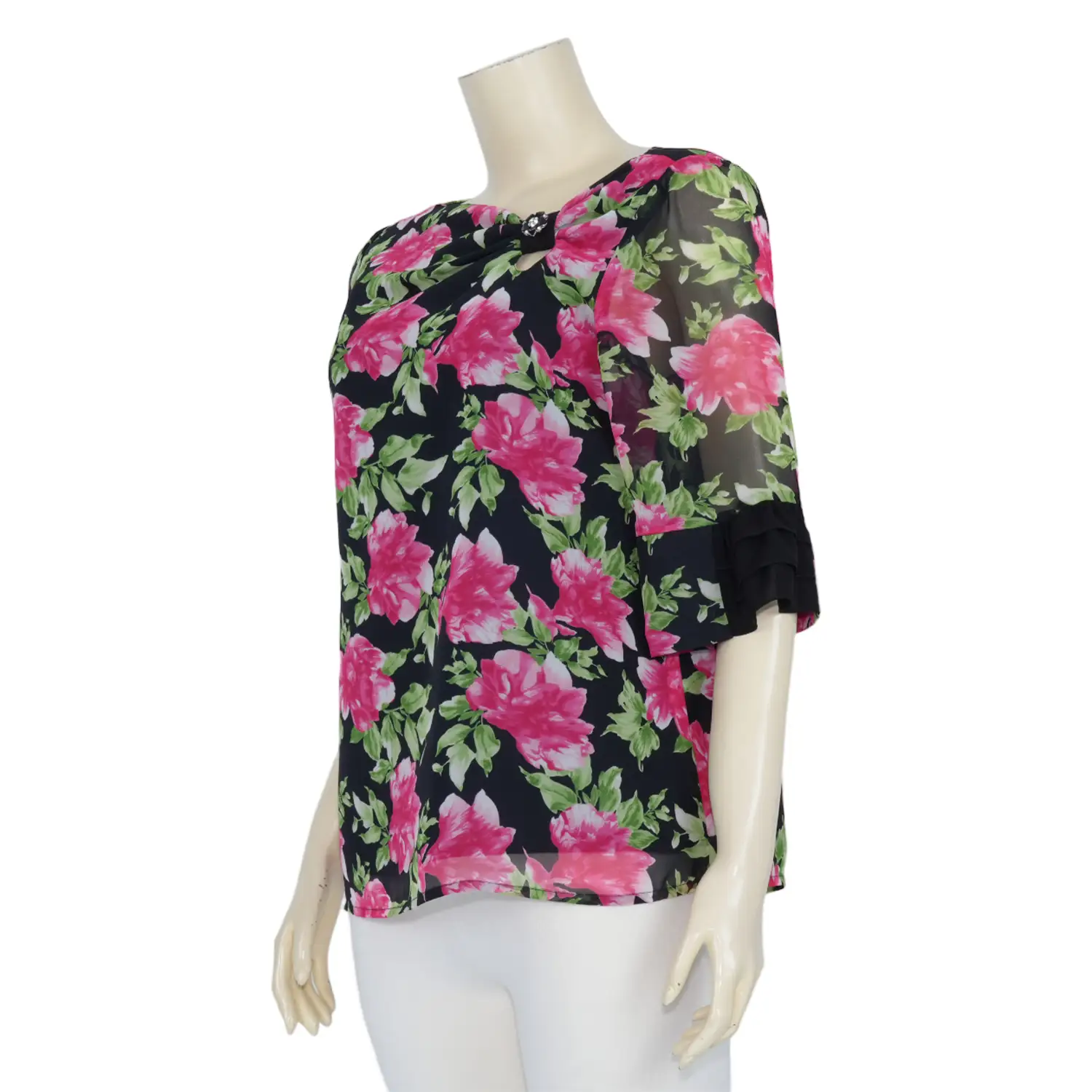 เสื้อคอปาด แต่งกระดุม แขน 3 ส่วน ผ้าชีฟองลายดอกกุหลาบ - Image 2
