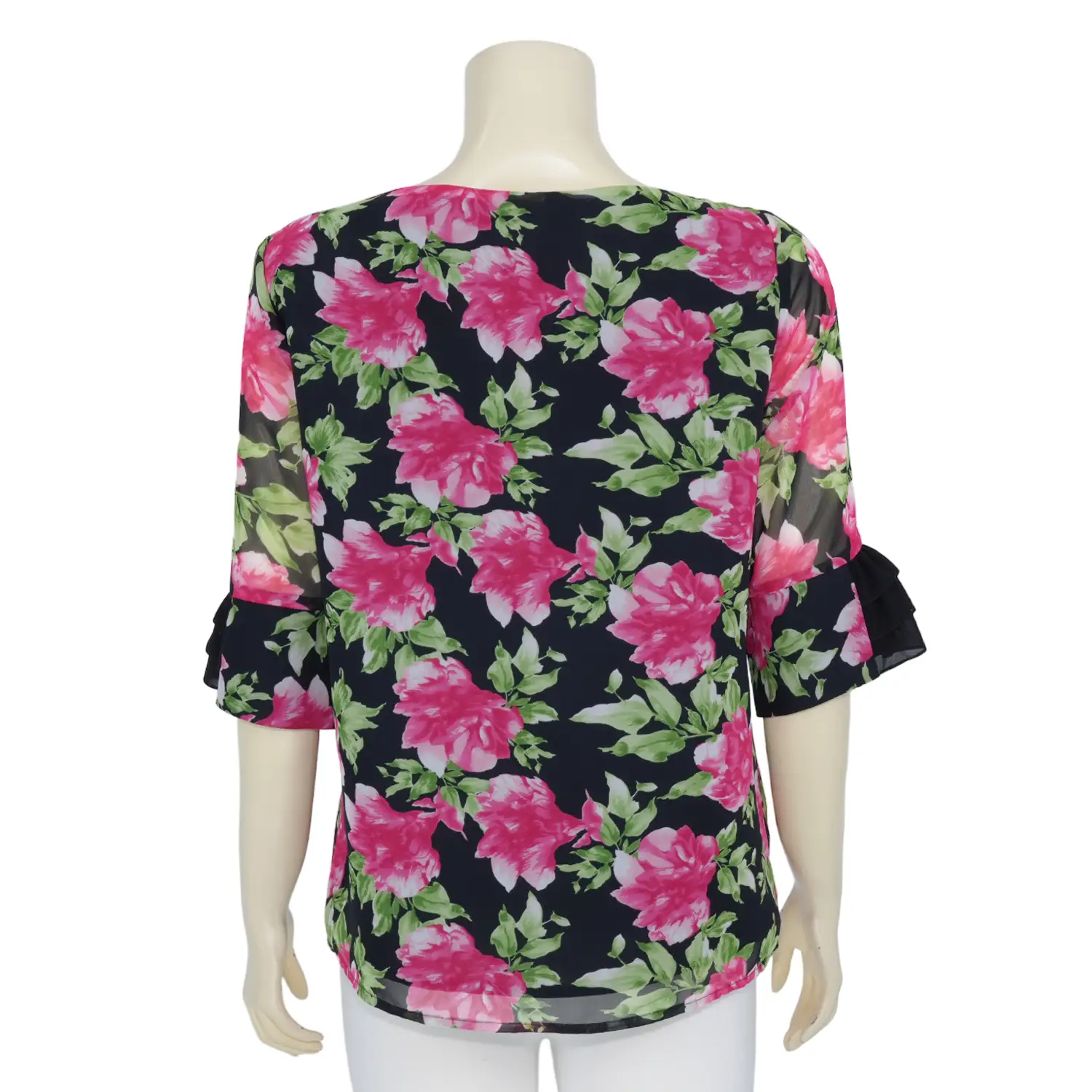 เสื้อคอปาด แต่งกระดุม แขน 3 ส่วน ผ้าชีฟองลายดอกกุหลาบ - Image 3