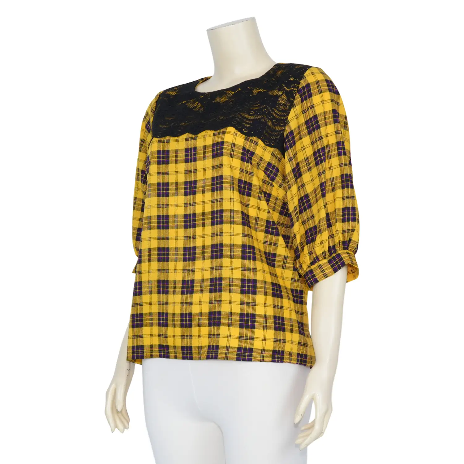 เสื้อคอกลม แขน 3 ส่วน ผ้าโคโม่ทวิล ลายตารางสีทูโทน แต่งผ้าลูกไม้ - Image 2
