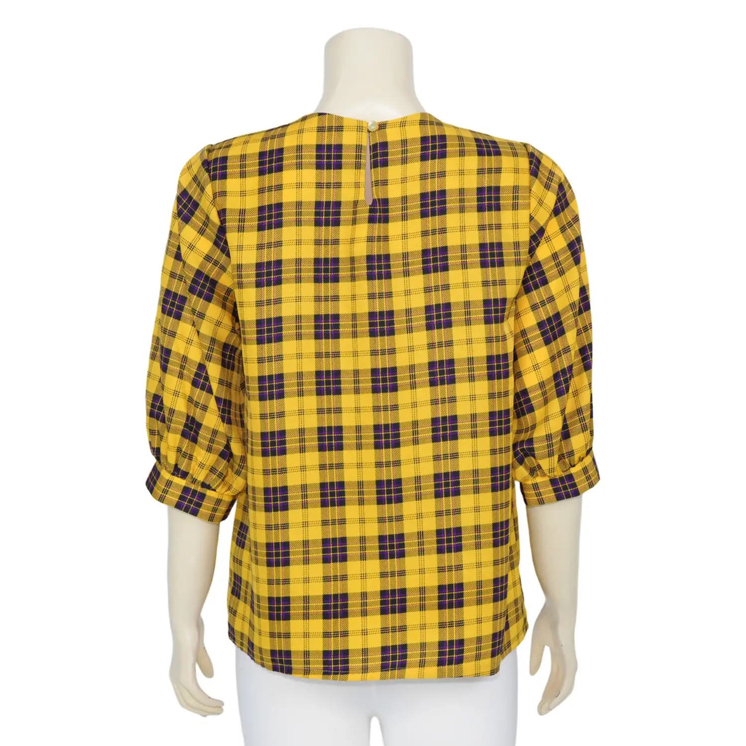 เสื้อคอกลม แขน 3 ส่วน ผ้าโคโม่ทวิล ลายตารางสีทูโทน แต่งผ้าลูกไม้ - Image 3