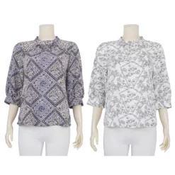 เสื้อคอตั้ง แขน 3 ส่วน ผ้าพีชสกินพิมพ์ลายวินเทจ