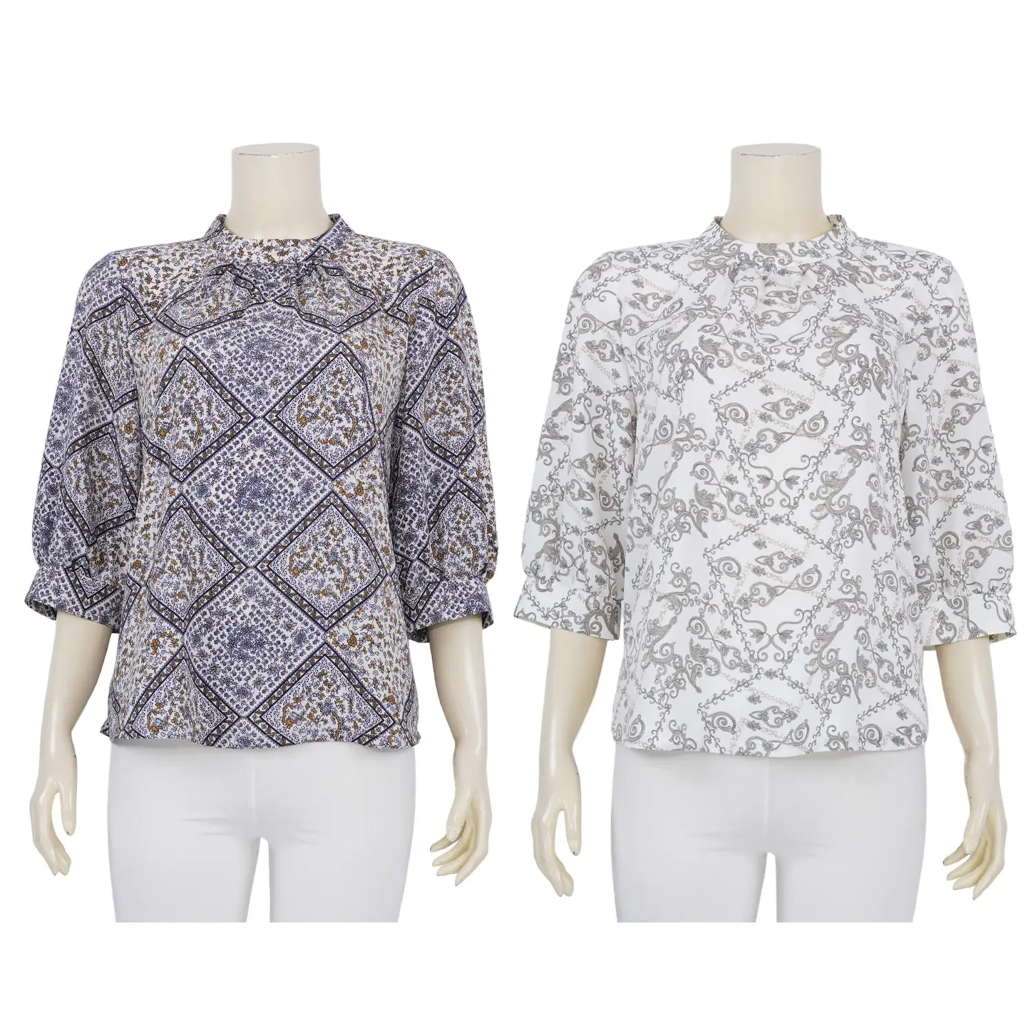 เสื้อคอตั้ง แขน 3 ส่วน ผ้าพีชสกินพิมพ์ลายวินเทจ
