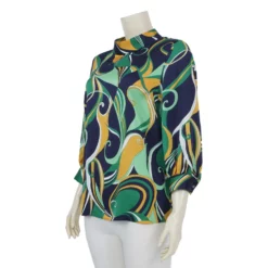 เสื้อคอตั้ง แขนพองยาว 5 ส่วน ผ้าซาตินลายกราฟิก - Image 2