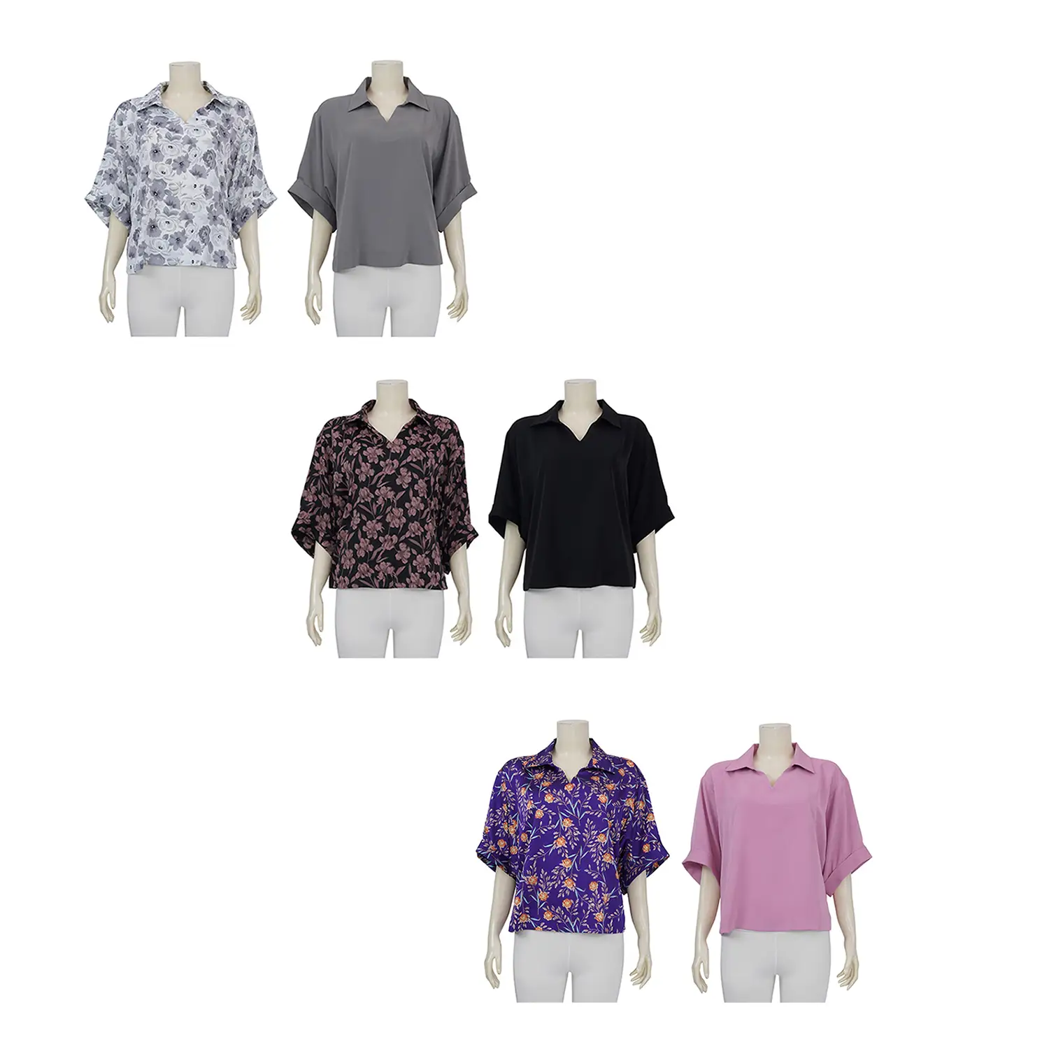เซตเสื้อคอปก ผ้าชาร์มัวพิมพ์ลาย และผ้าซาตินสีพื้น (2 ตัว/เซต)