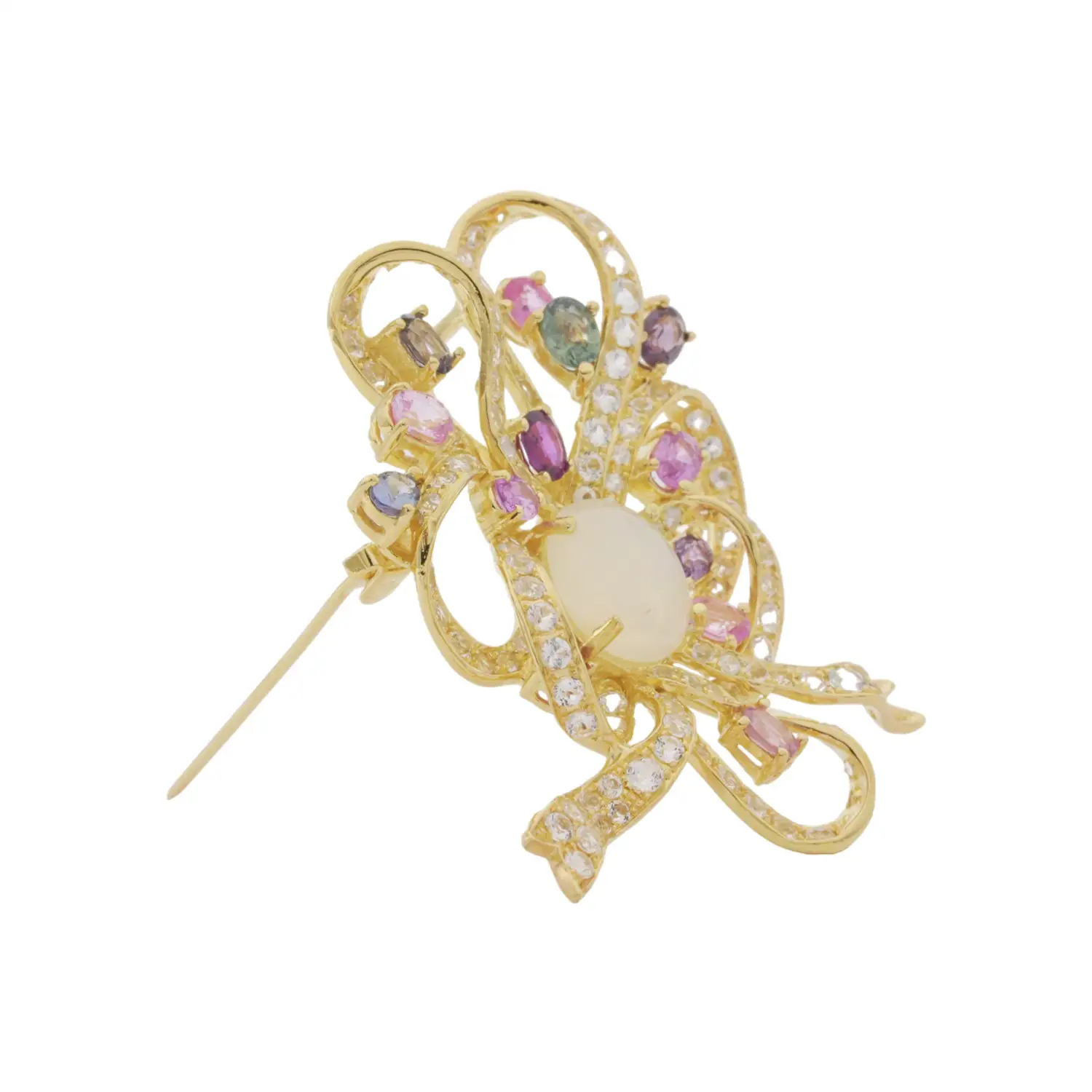 จี้หรือเข็มกลัดเงิน925 ชุบทอง18K ประดับ โอปอ, แฟนซี สปิเนล และโทแพซสีขาว - Image 2