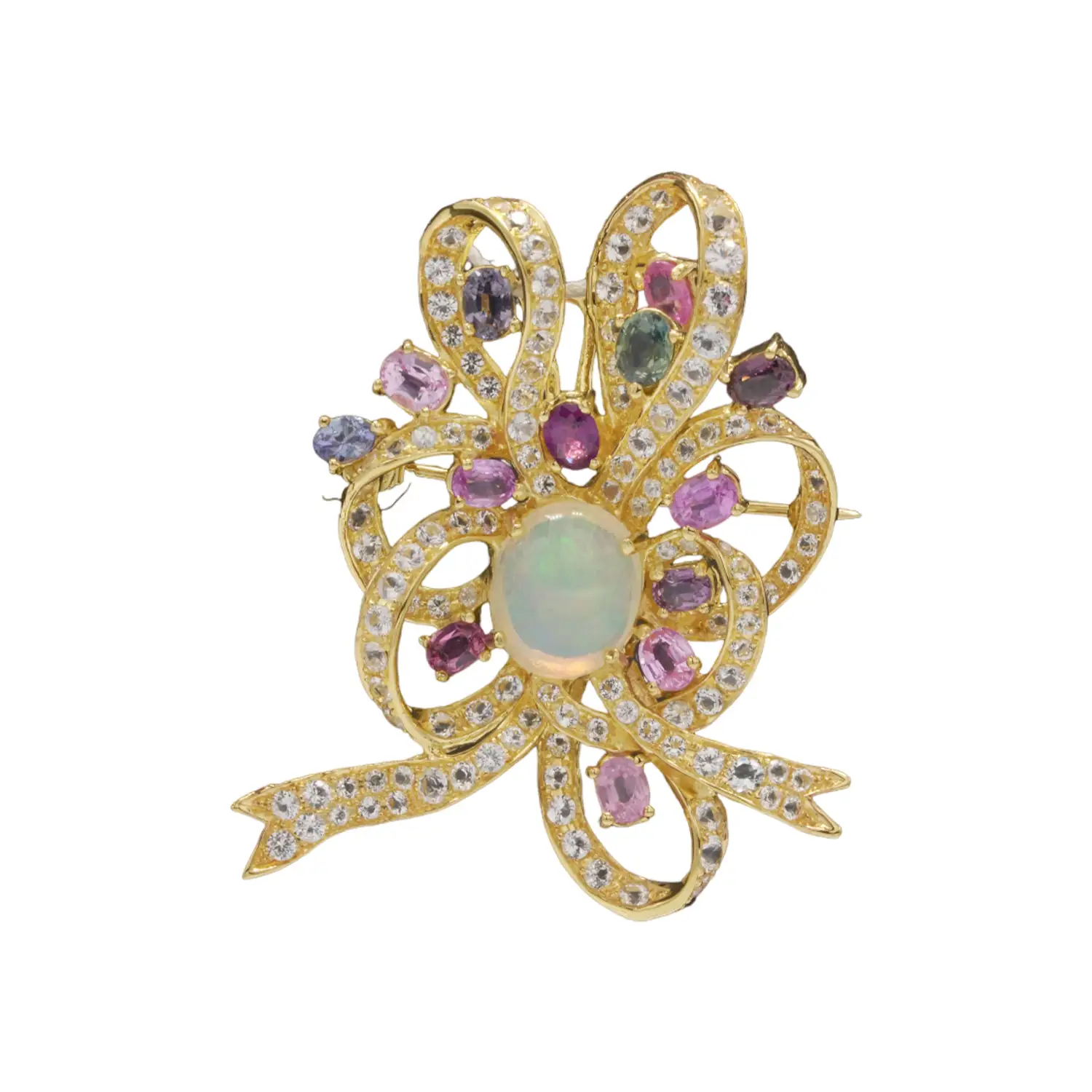 จี้หรือเข็มกลัดเงิน925 ชุบทอง18K ประดับ โอปอ, แฟนซี สปิเนล และโทแพซสีขาว - Image 4