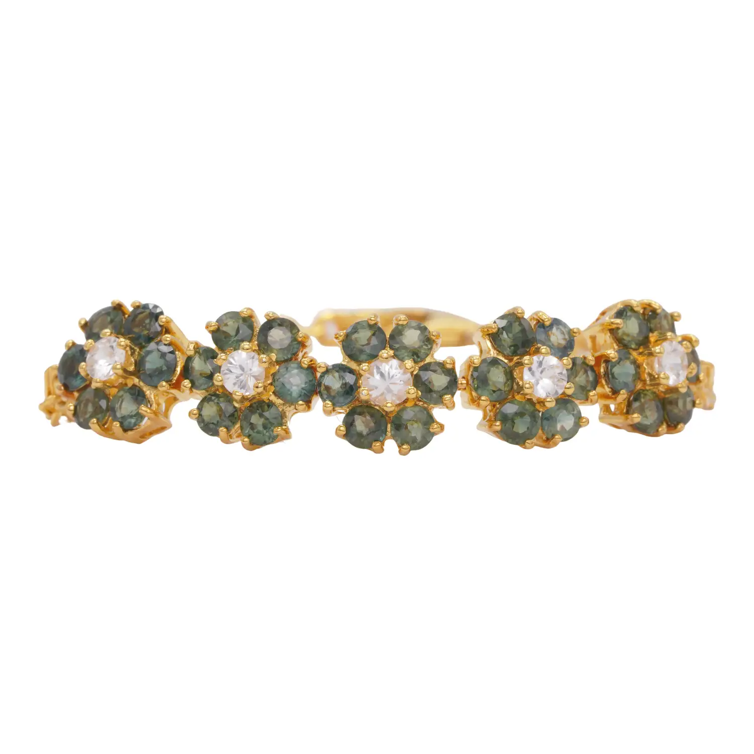 สร้อยข้อมือเงิน925 ชุบทอง24K ประดับเขียวส่อง และเซอร์คอนสีขาว