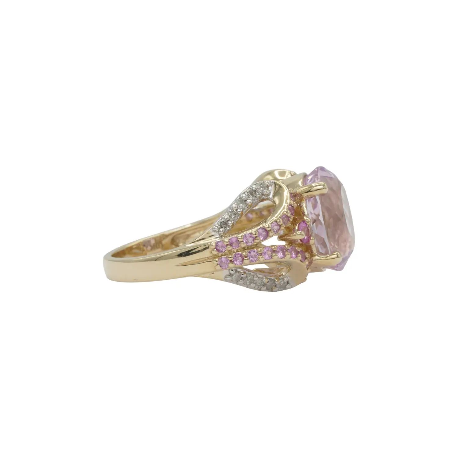 แหวนทอง10K ประดับ คุนไซต์ แซปไฟร์สีชมพู และเพชรสีขาว - Image 3