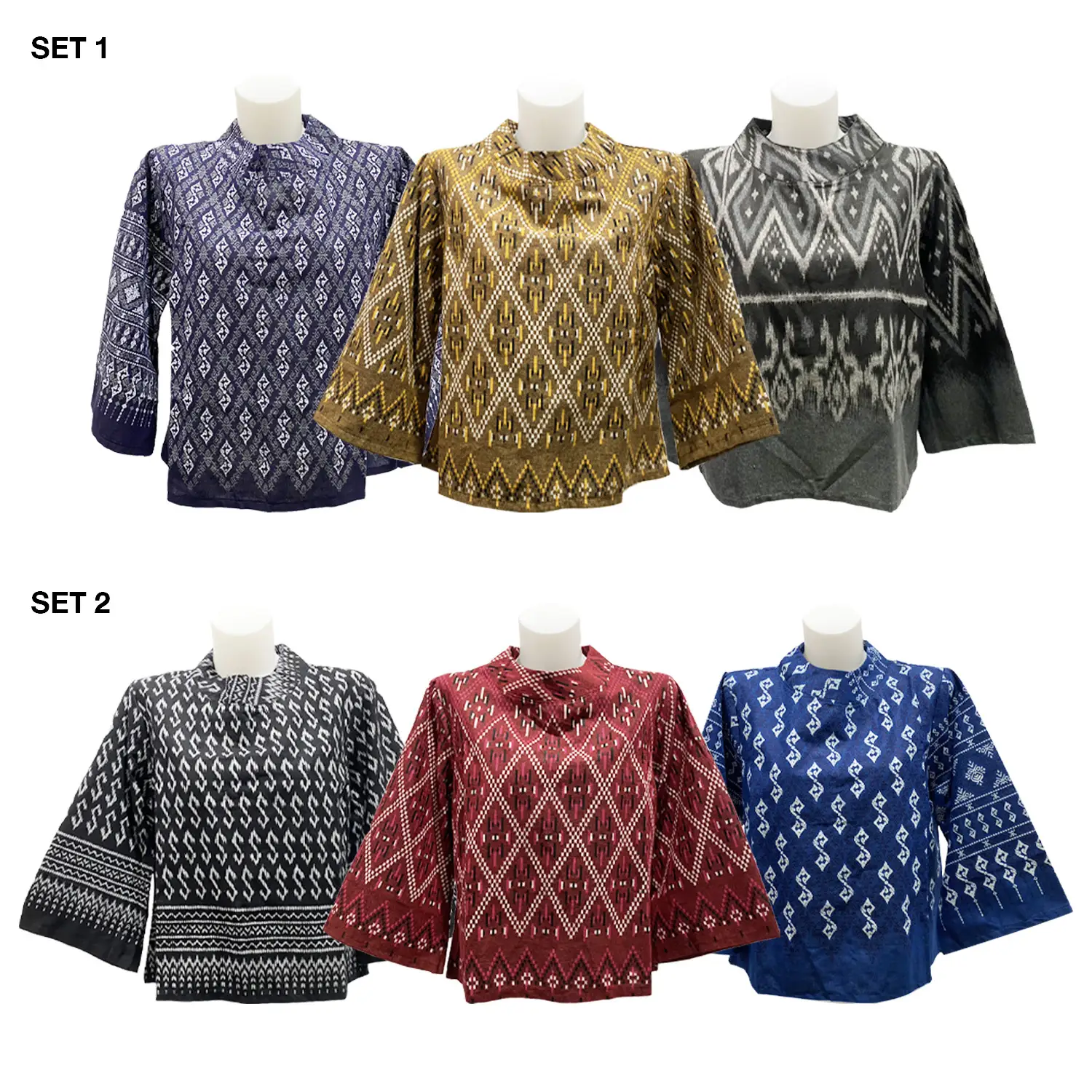 เซตเสื้อคอตั้ง แขนบาน 4 ส่วน ผ้าฝ้ายลายไทย 3 ตัว