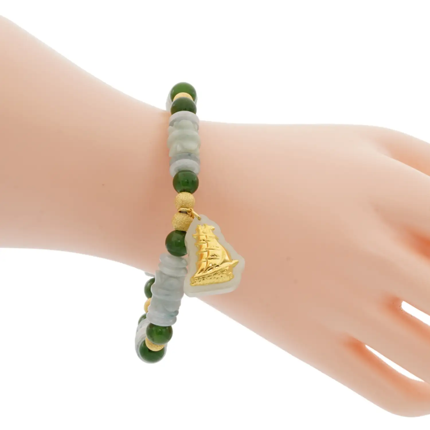 สร้อยข้อมือหยก ประดับจี้หยกเหอเถียน ฝังทอง24K รูปเรือสำเภา - Image 2