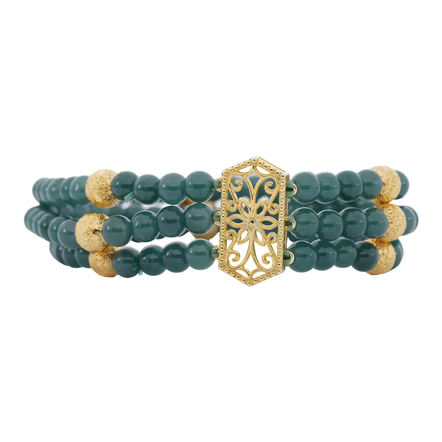 สร้อยข้อมือหยกเจไดต์ ดีไซน์สามเส้น ตัวเรือน เงิน925ชุบทอง18K