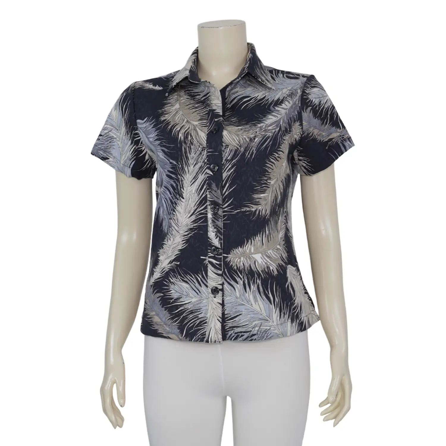เสื้อเชิ้ตสตรีแขนสั้น พ้าพิมพ์ลายขนนก