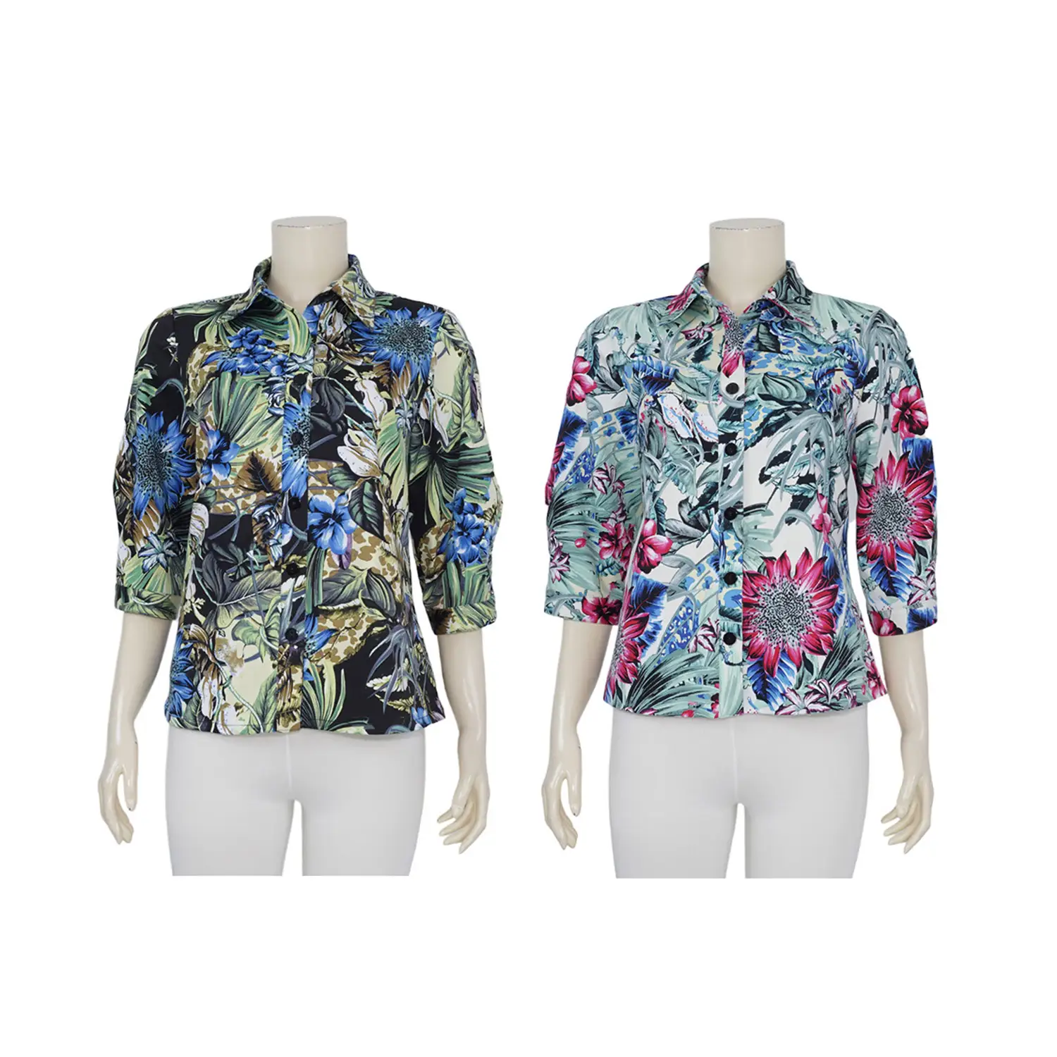 เสื้อเชิ้ตสตรี แขน 3 ส่วน ทรงกระบอก ผ้าพิมพ์ลาย Hibiscus