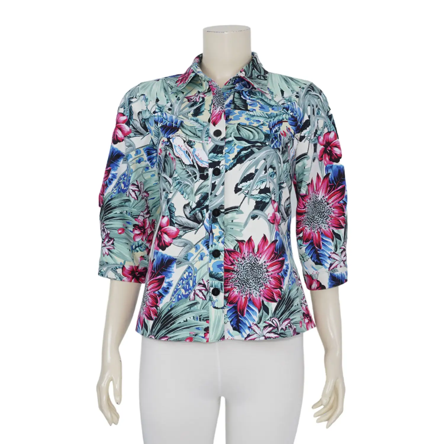 เสื้อเชิ้ตสตรี แขน 3 ส่วน ทรงกระบอก ผ้าพิมพ์ลาย Hibiscus - Image 2
